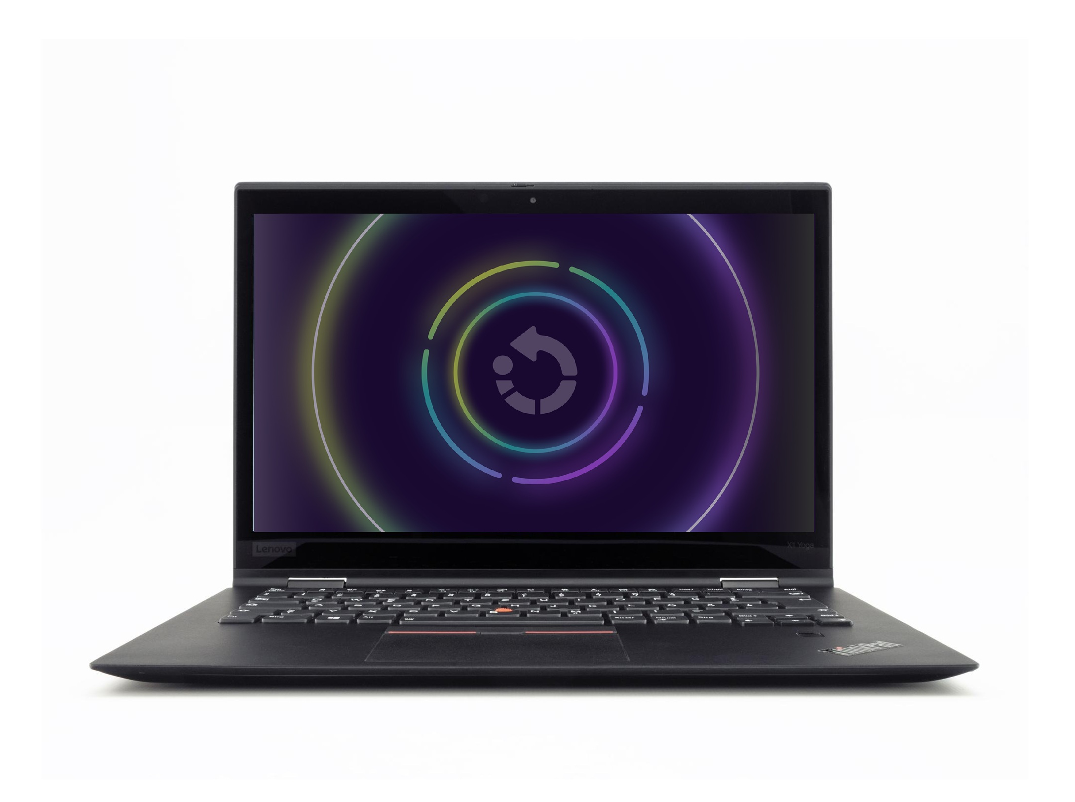 Schwarzer Lenovo-Laptop geöffnet, zeigt ein Ladesymbol mit lila, grünen und gelben Kreisen auf Weiß.