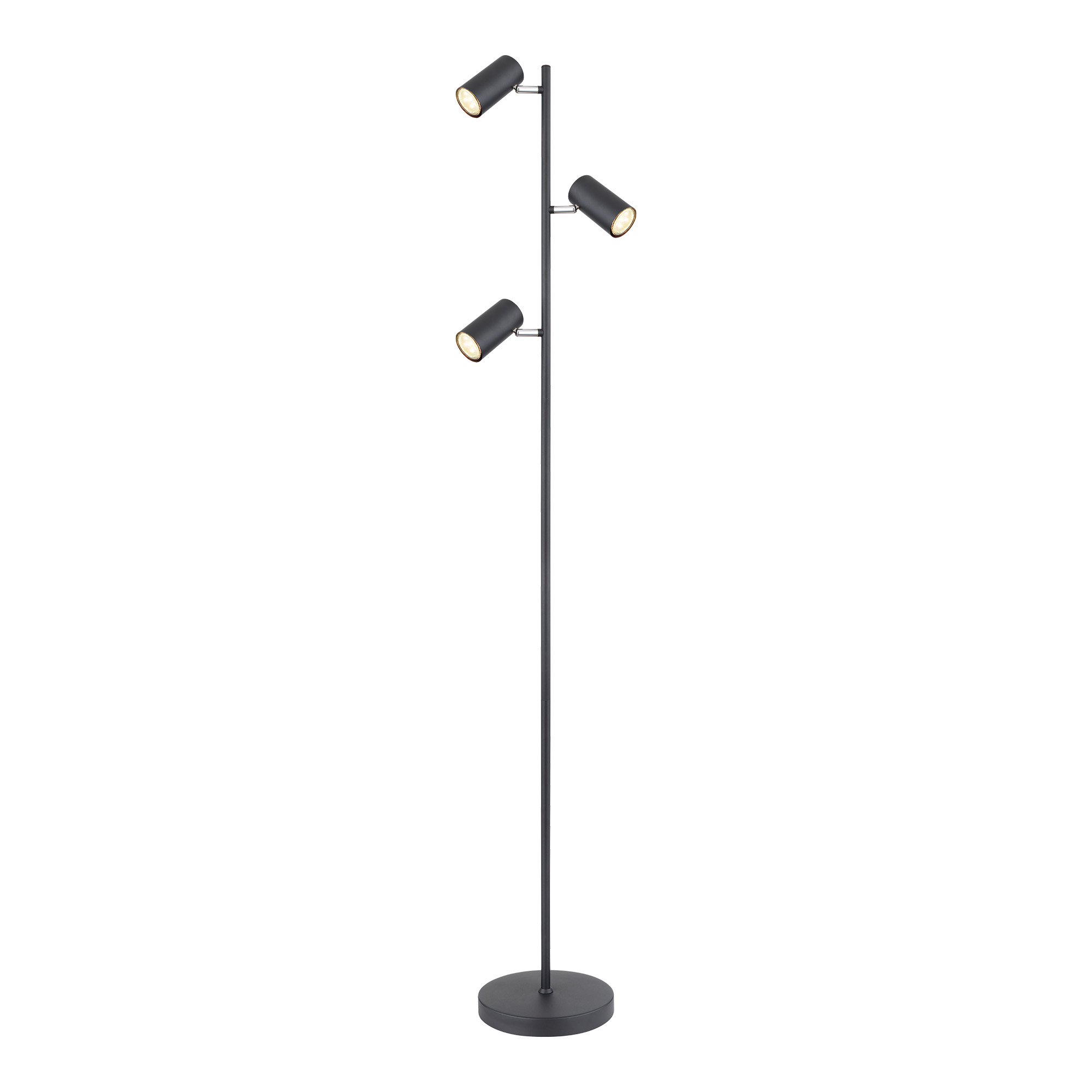 Eine schwarze Stehlampe mit drei verstellbaren Strahlern, vor weißem Hintergrund.