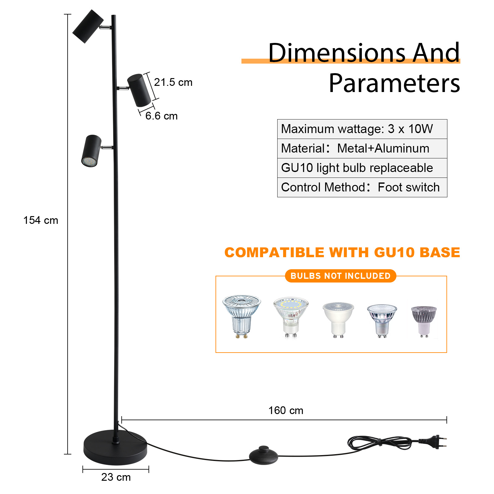 Schwarze Stehlampe mit drei Lichtern und Parameterinformationen. Der Hintergrund ist weiß.