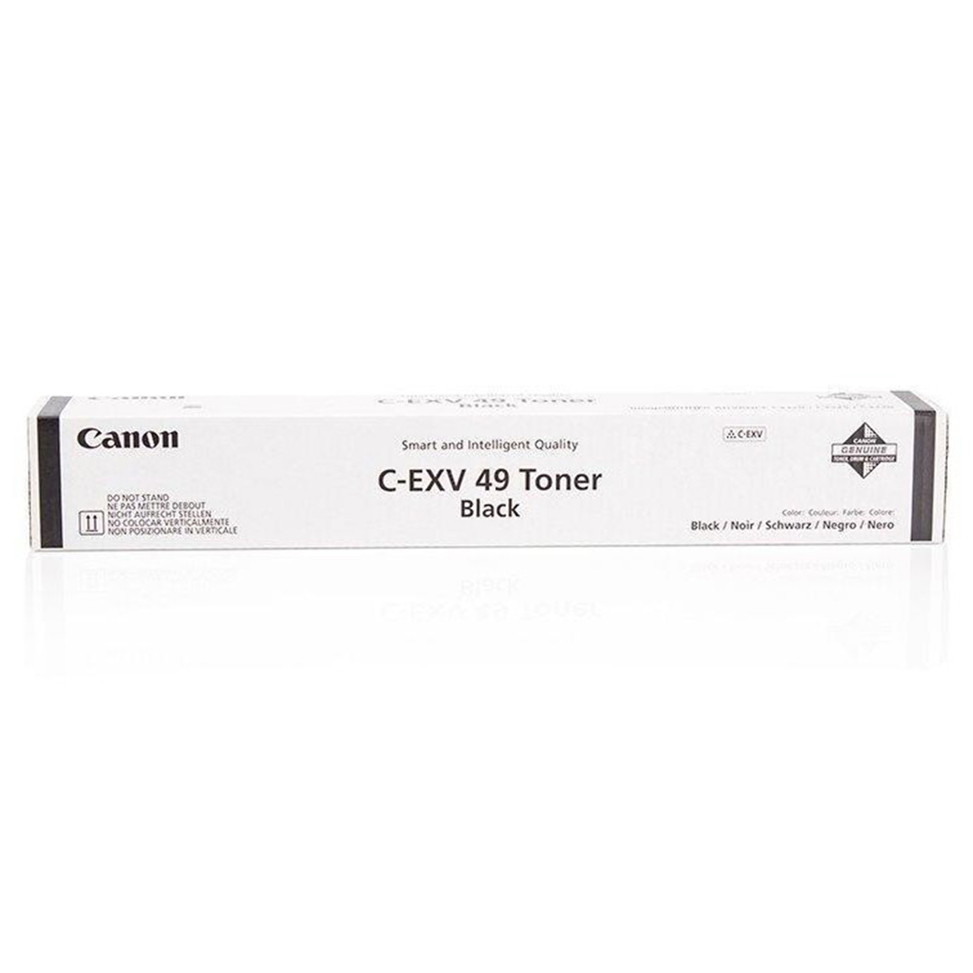 Une boîte de cartouche de toner Canon C-EXV 49 noire. La boîte est rectangulaire et horizontale.