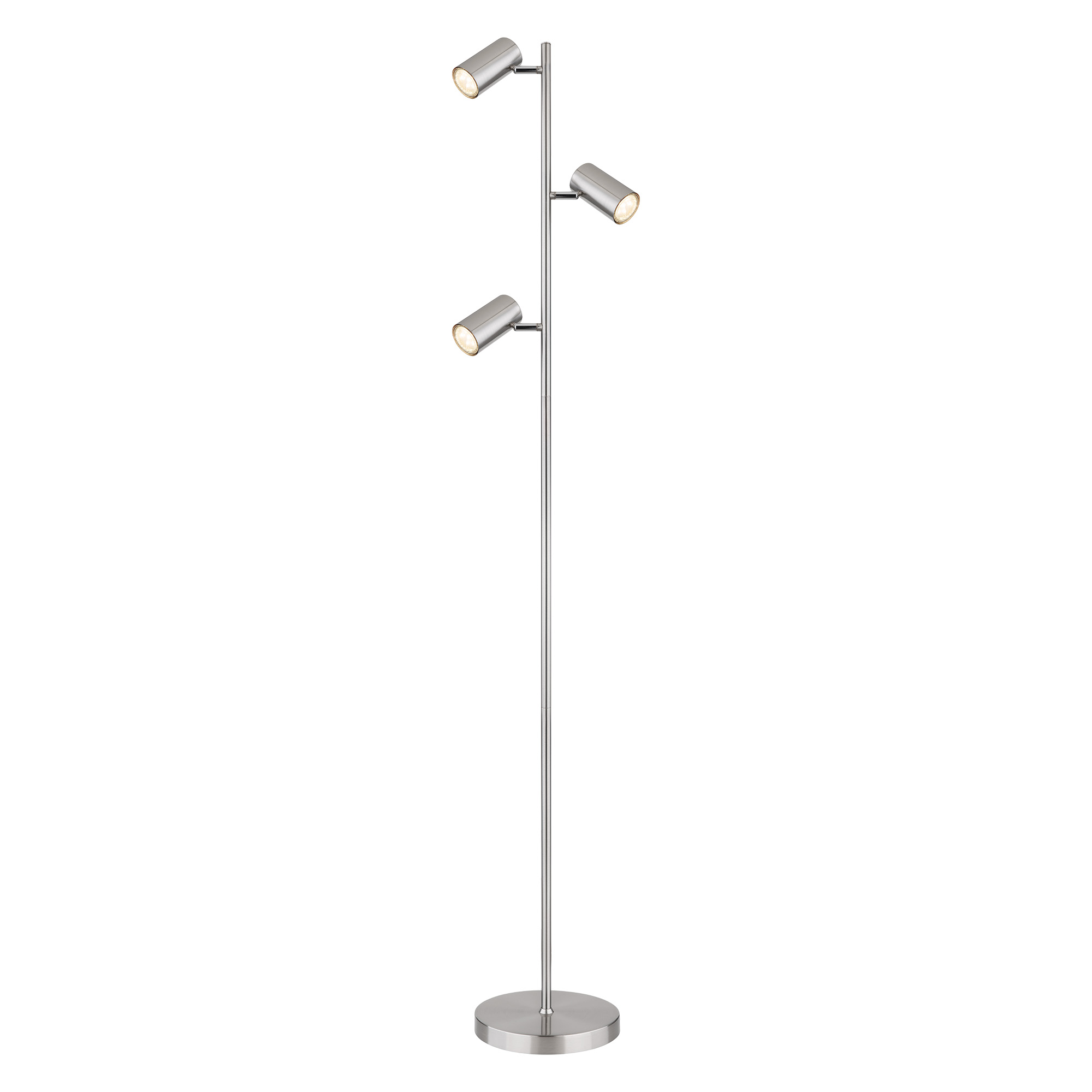 Eine silberne Stehlampe mit drei Strahlern. Das Licht ist vor weißem Hintergrund an.