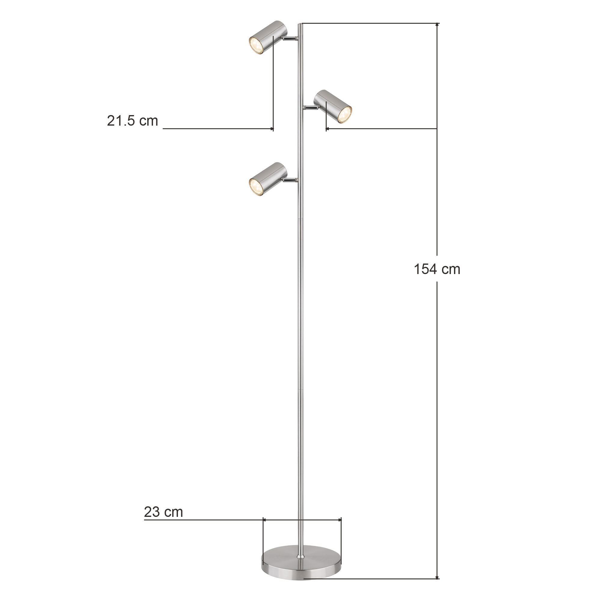Silberne Stehlampe mit drei Strahlern. Maße in cm: 21,5, 154 und 23.
