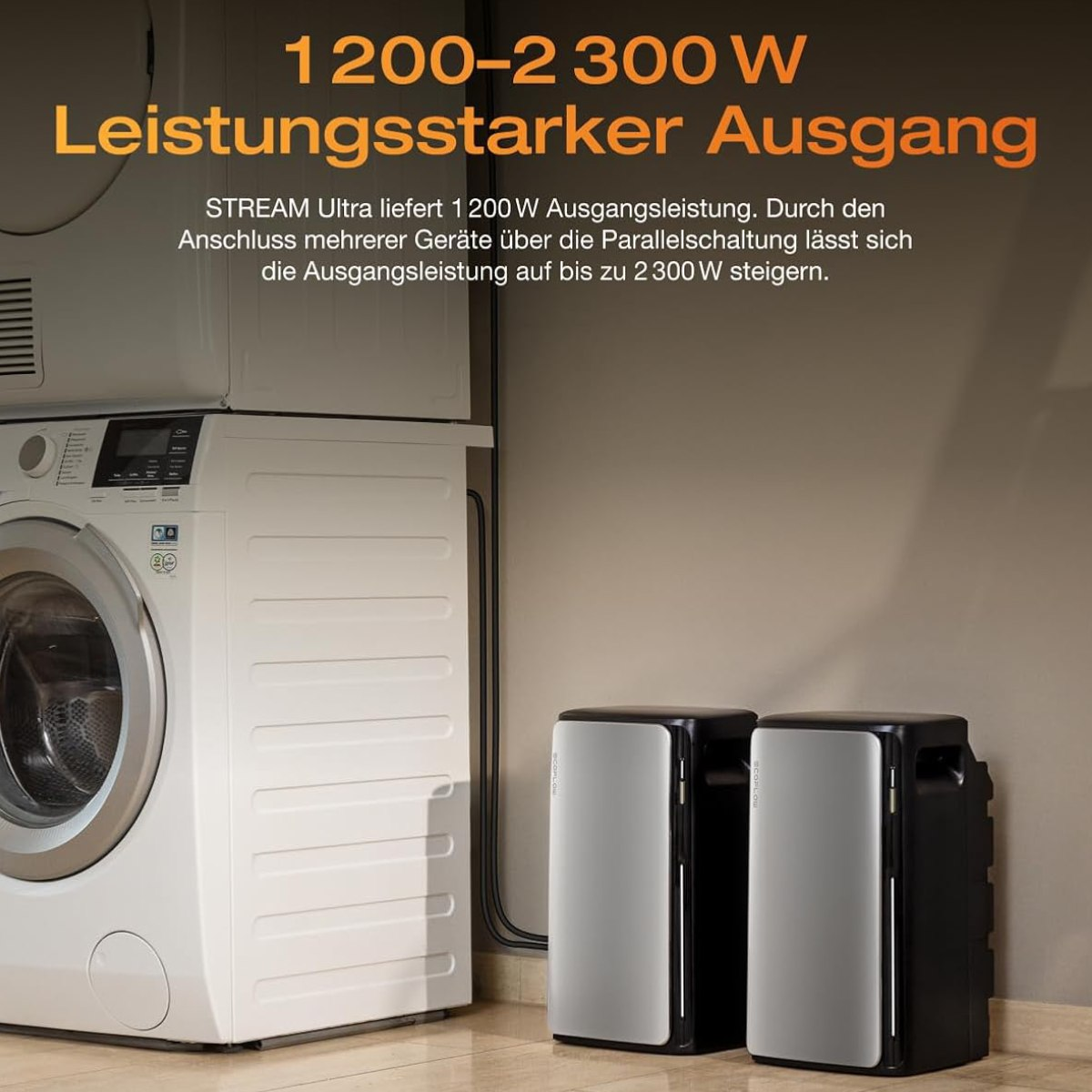 Eine Waschmaschine und zwei schwarze Kraftwerke daneben. Der Text auf Deutsch lautet 1200-2300W Leistung.