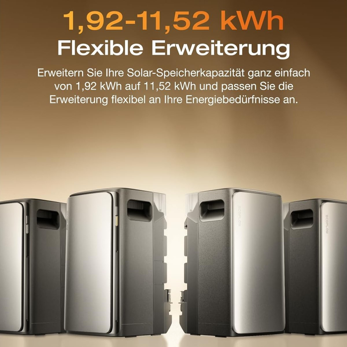 Werbung für Solarenergiespeicher mit Text und Bildern von Batterien.