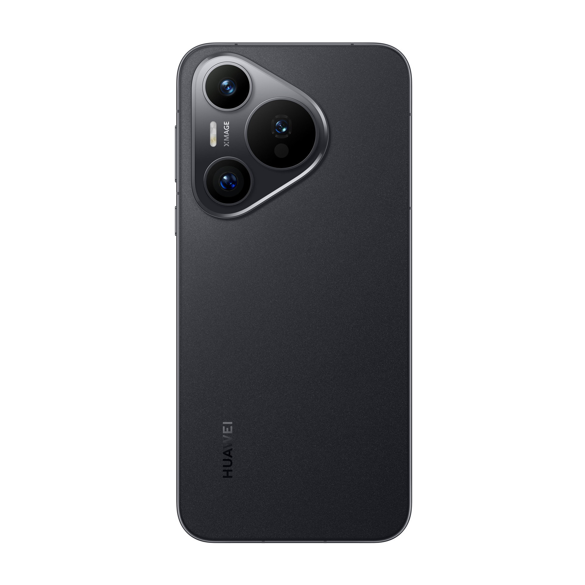 Schwarzes Huawei-Smartphone, Rückansicht, mit Dreifachkamera und Markennamen.