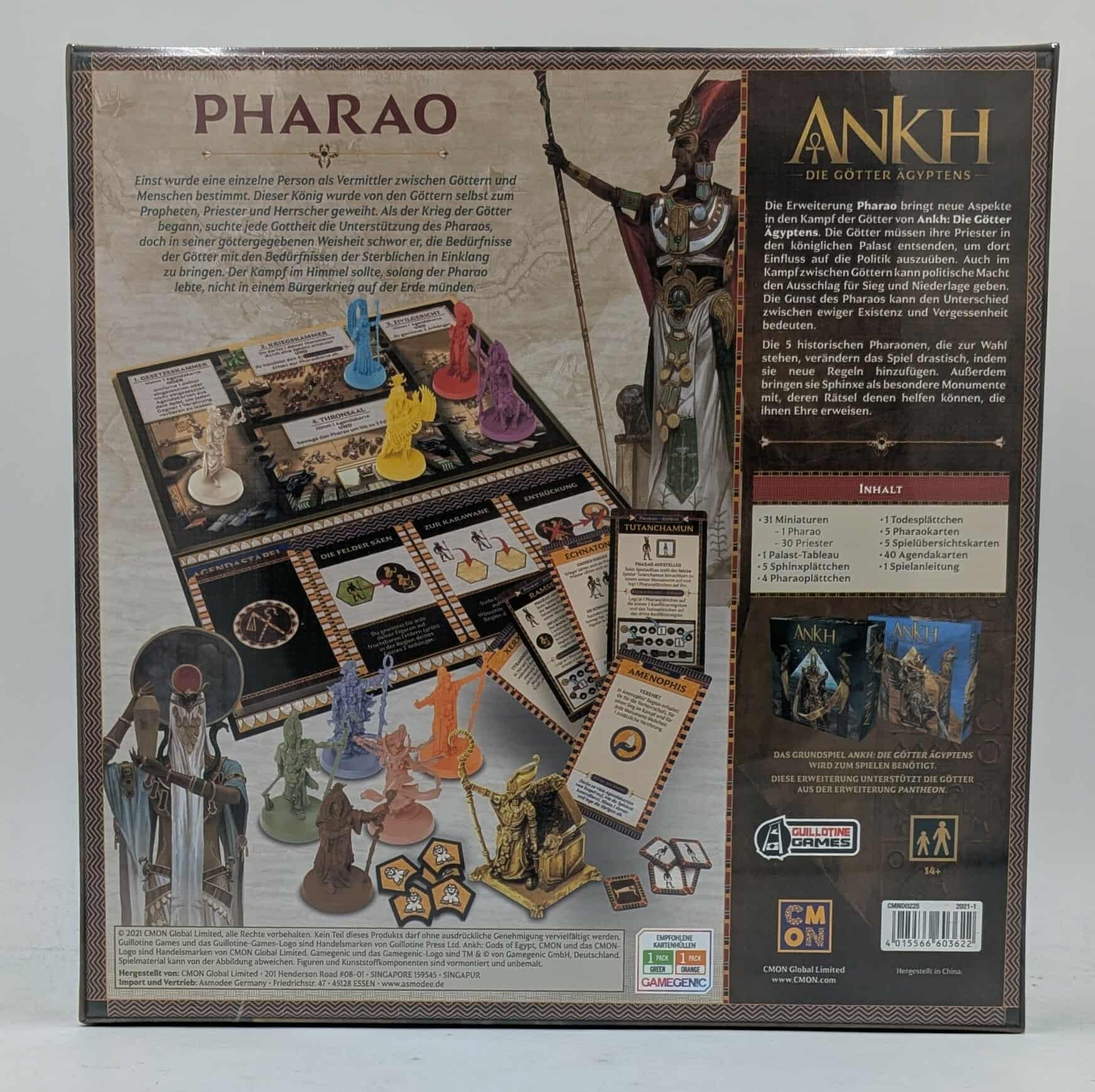 Die Rückseite der Ankh-Brettspielbox, die den Inhalt des Spiels und eine Pharao-Illustration zeigt.