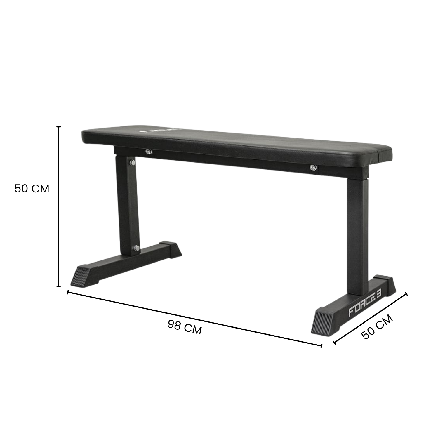 Black weight bench, horizontal, with legs at each end. Dimensions are visible.