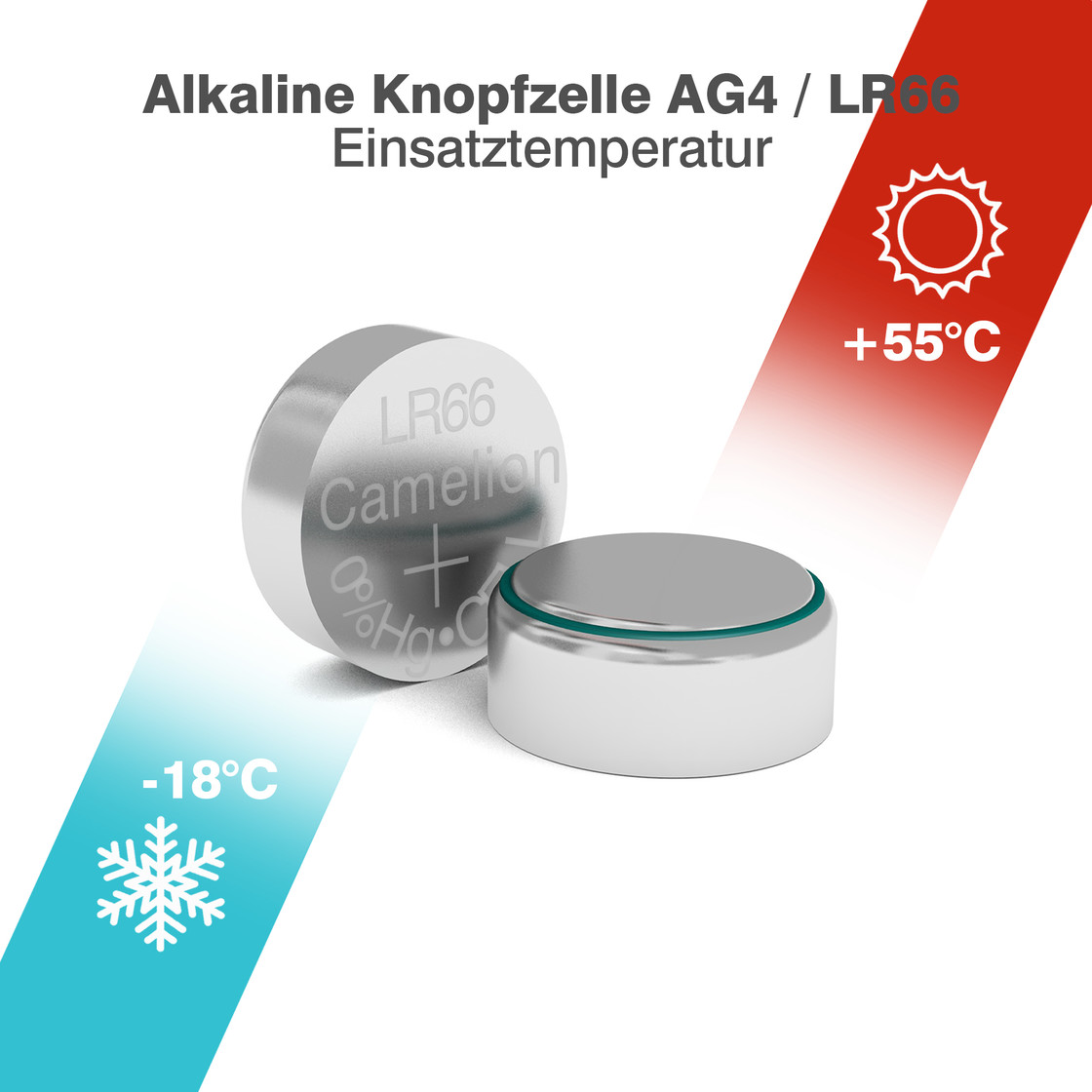 Due batterie a bottone con testo, gradienti di temperatura e un fiocco di neve. Una batteria è etichettata LR66 Camelion.