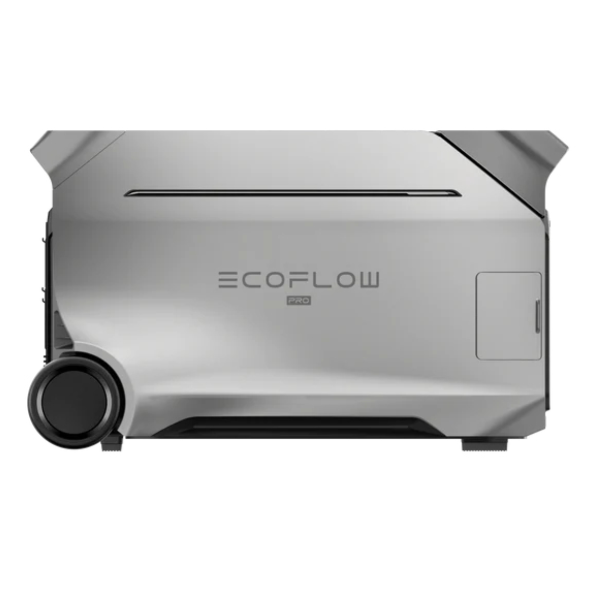 Srebrny generator z czarnymi akcentami. Widoczne logo EcoFlow Pro. Urządzenie ma uchwyt i koło.