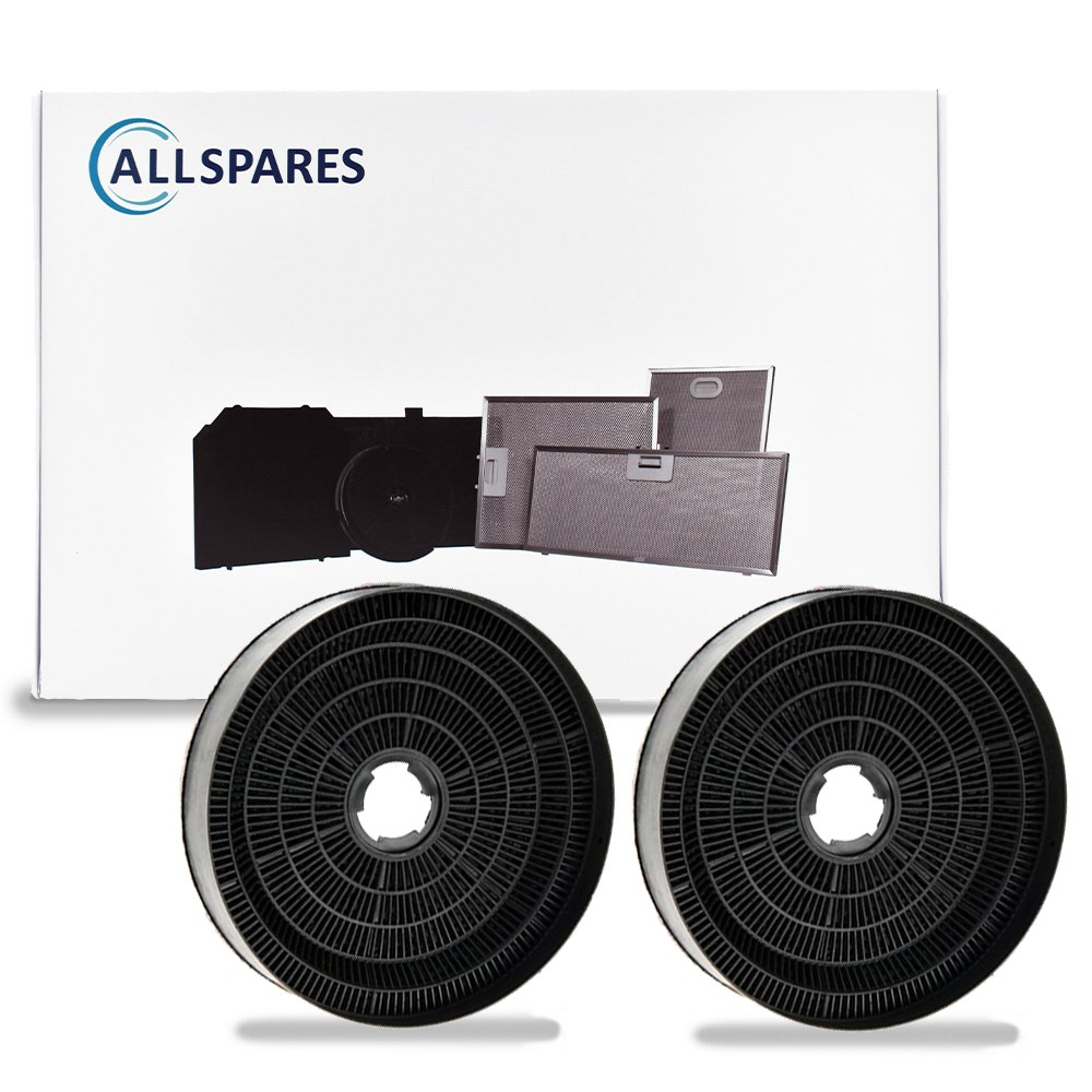 Due filtri a carbone nero davanti a una scatola bianca con più filtri. La scatola ha il logo Allspares.
