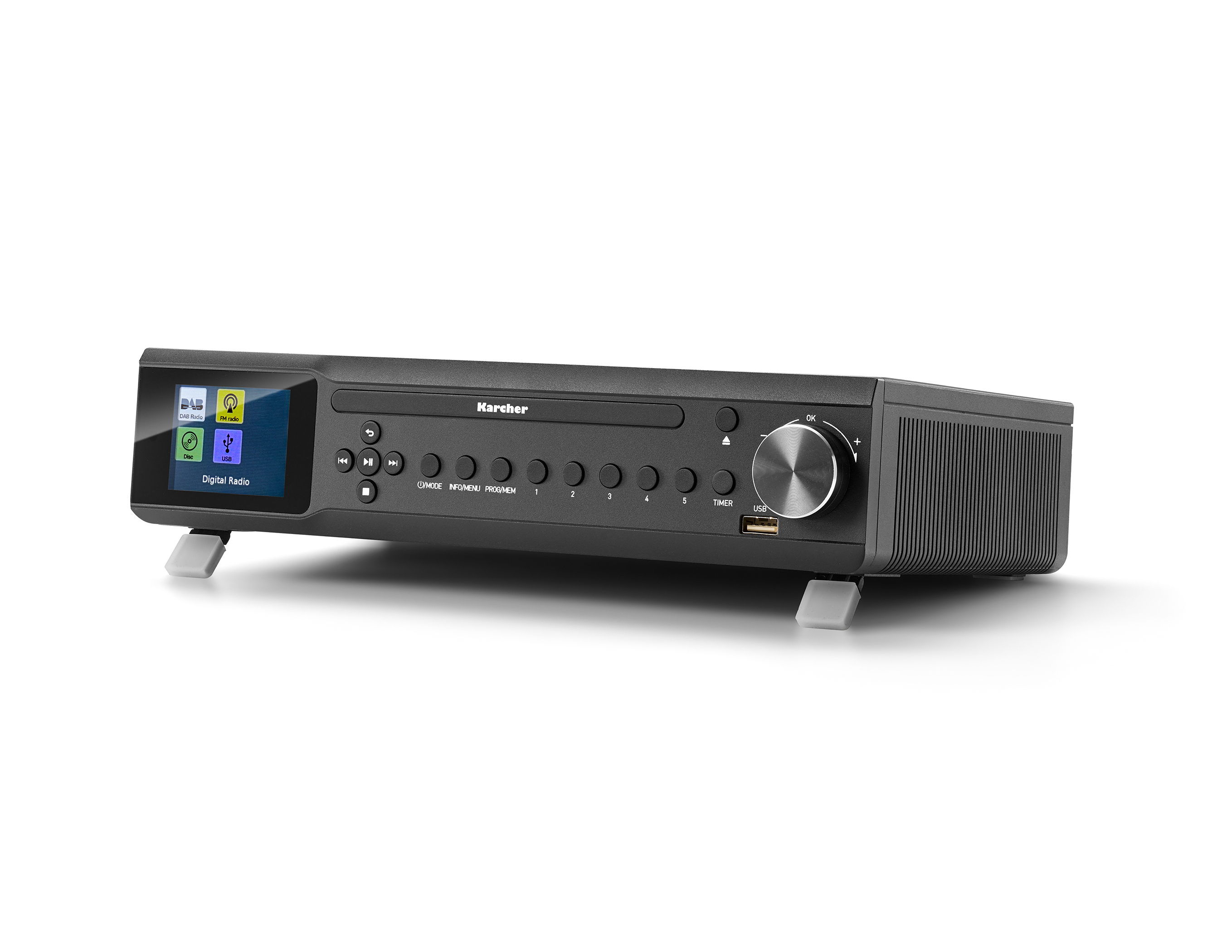 Radio numérique Karcher noire avec écran, boutons et lecteur CD. Supports gris. Isolé sur fond blanc.