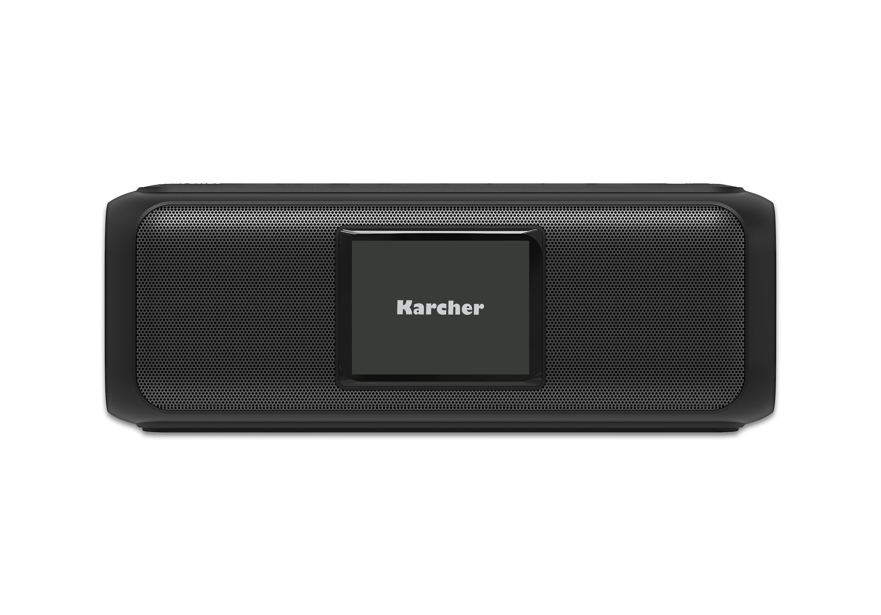 Altavoz Karcher negro con pantalla mostrando la marca. Bordes redondeados y sobre superficie blanca.