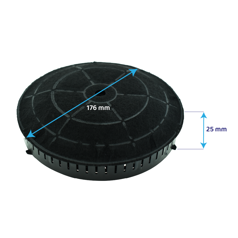 Czarny, okrągły filtr z wymiarami. Średnica 176 mm, wysokość 25 mm. Białe tło.