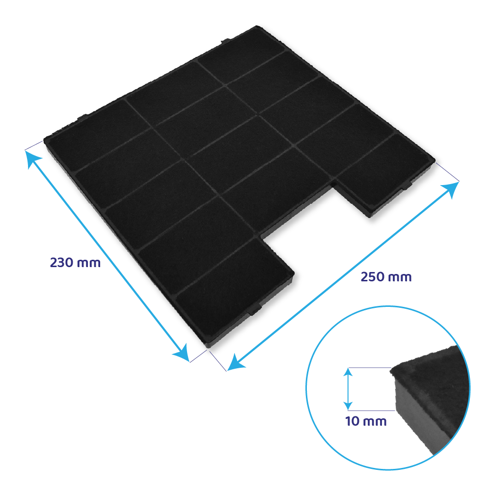 Czarny prostokątny filtr, 250x230 mm, z wycięciem, 10 mm grubości, do urządzenia.
