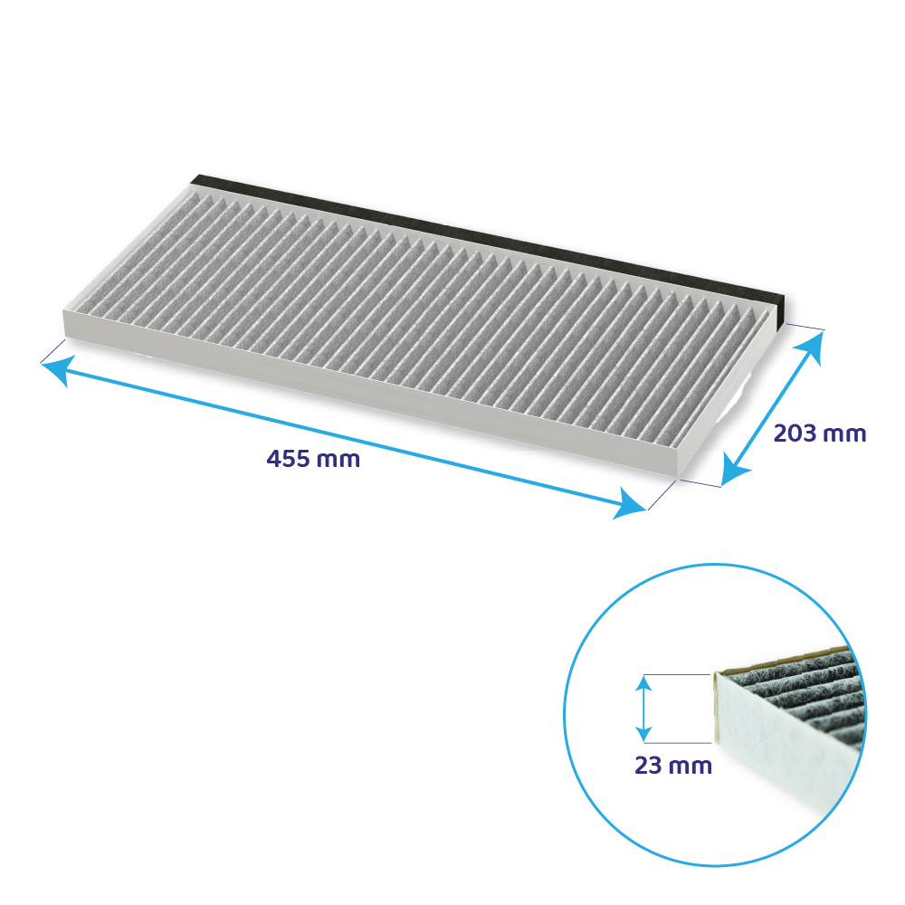 Filtro rettangolare, 455x203mm, su sfondo bianco, con lato spesso 23mm visibile.