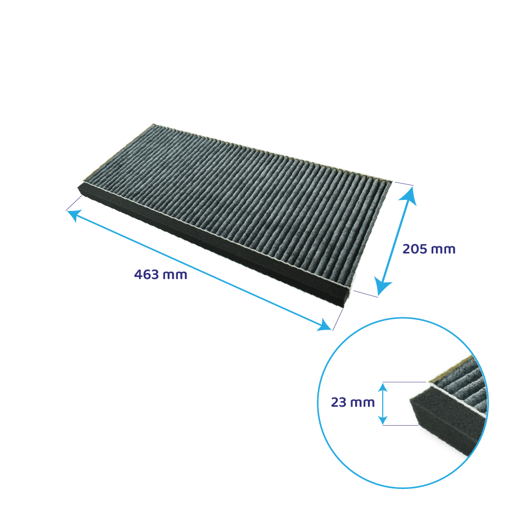 Ein rechteckiger Filter, 463x205mm, auf weißem Hintergrund, mit sichtbarer 23mm dicker Seite.