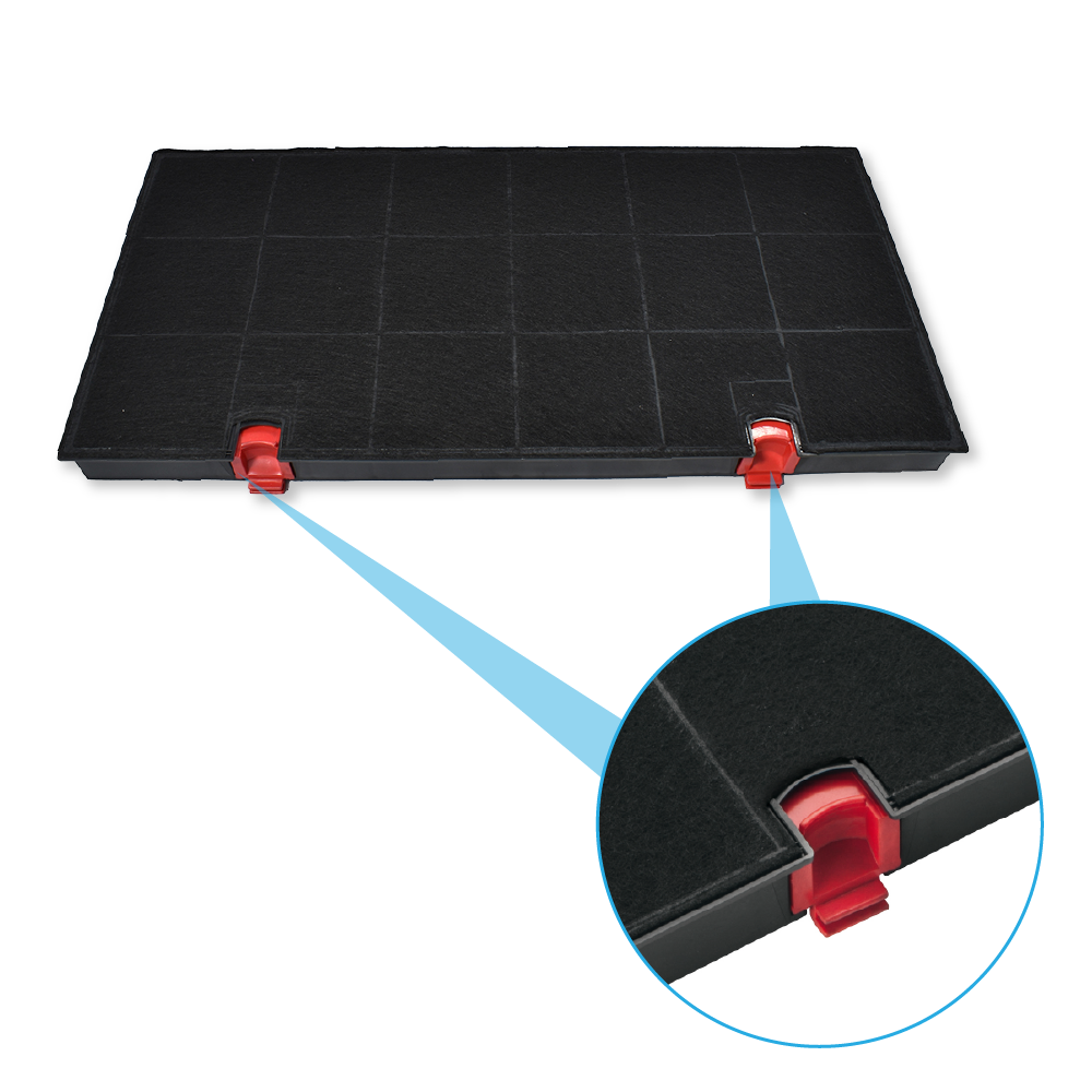 Rechteckiger Filter, roter Clip, Nahaufnahme des Clips. Schwarz, wahrscheinlich ein Bauteil.