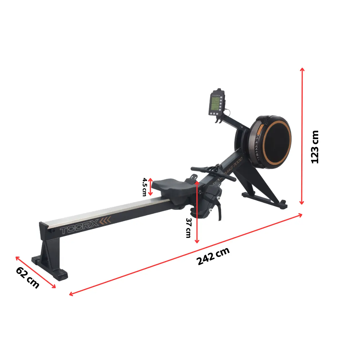 Rowing machine with measurements. Black and silver. The dimensions are 242 cm long and 123 cm high.
