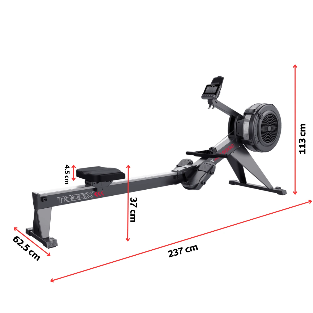 Rowing machine with measurements. Black and gray. The dimensions are 237 cm long and 113 cm high.