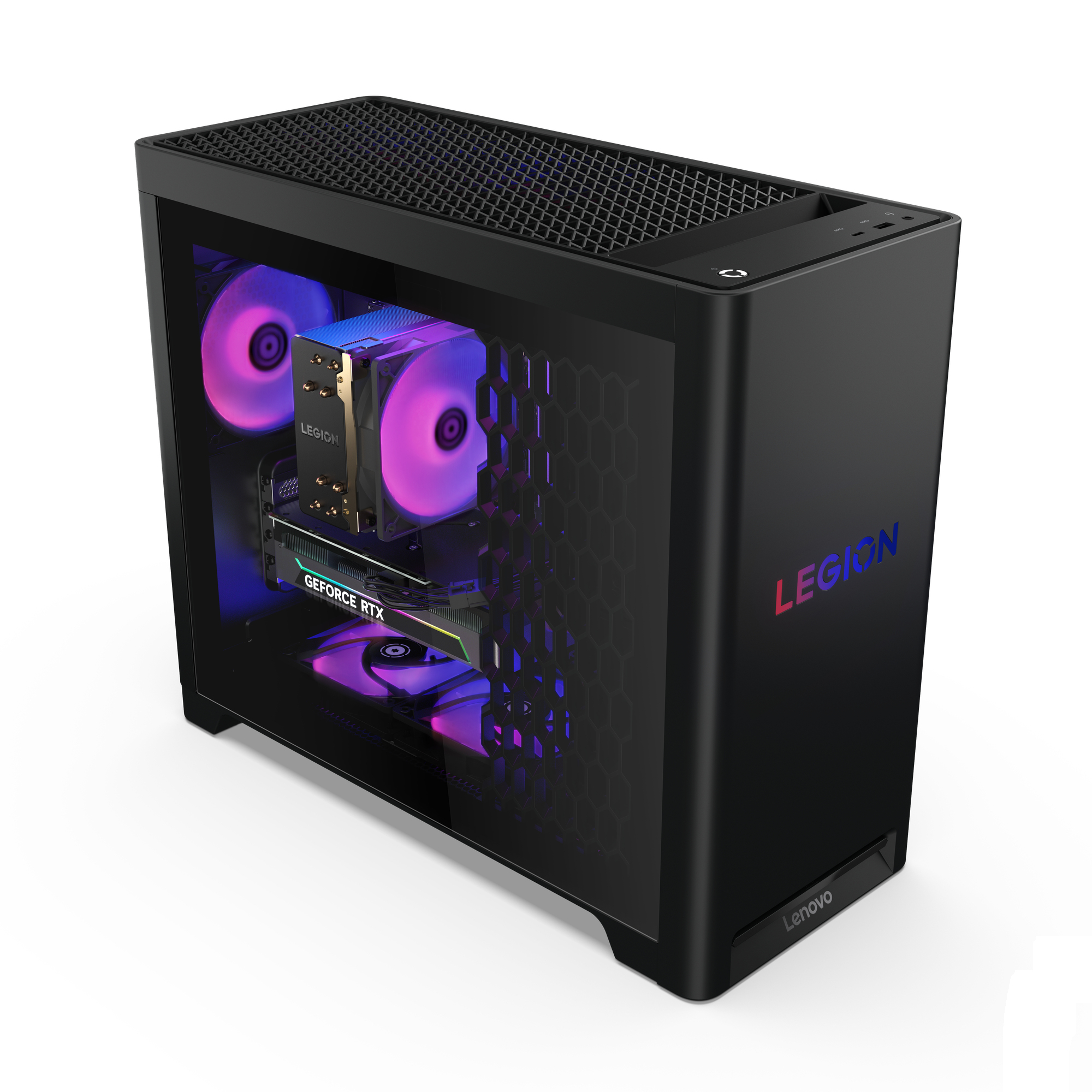 Czarny komputer stacjonarny Lenovo Legion ze szklanym panelem bocznym, pokazujący wewnętrzne komponenty ze światłami RGB i logo Legion.