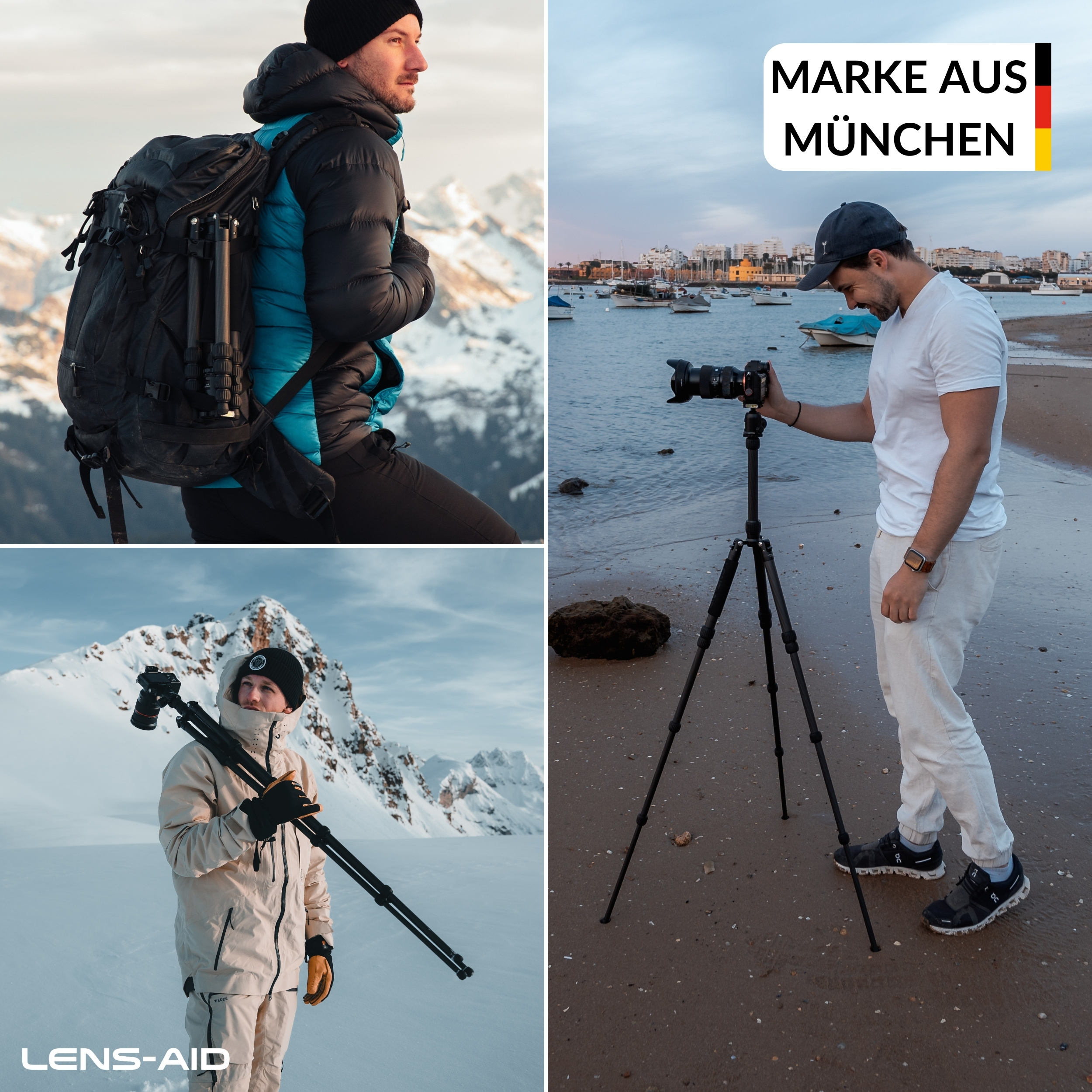 Drei Bilder von Personen, die ein schwarzes LENS-AID-Stativ in verschiedenen Umgebungen verwenden: verschneite Berge, Strand und beim Wandern.