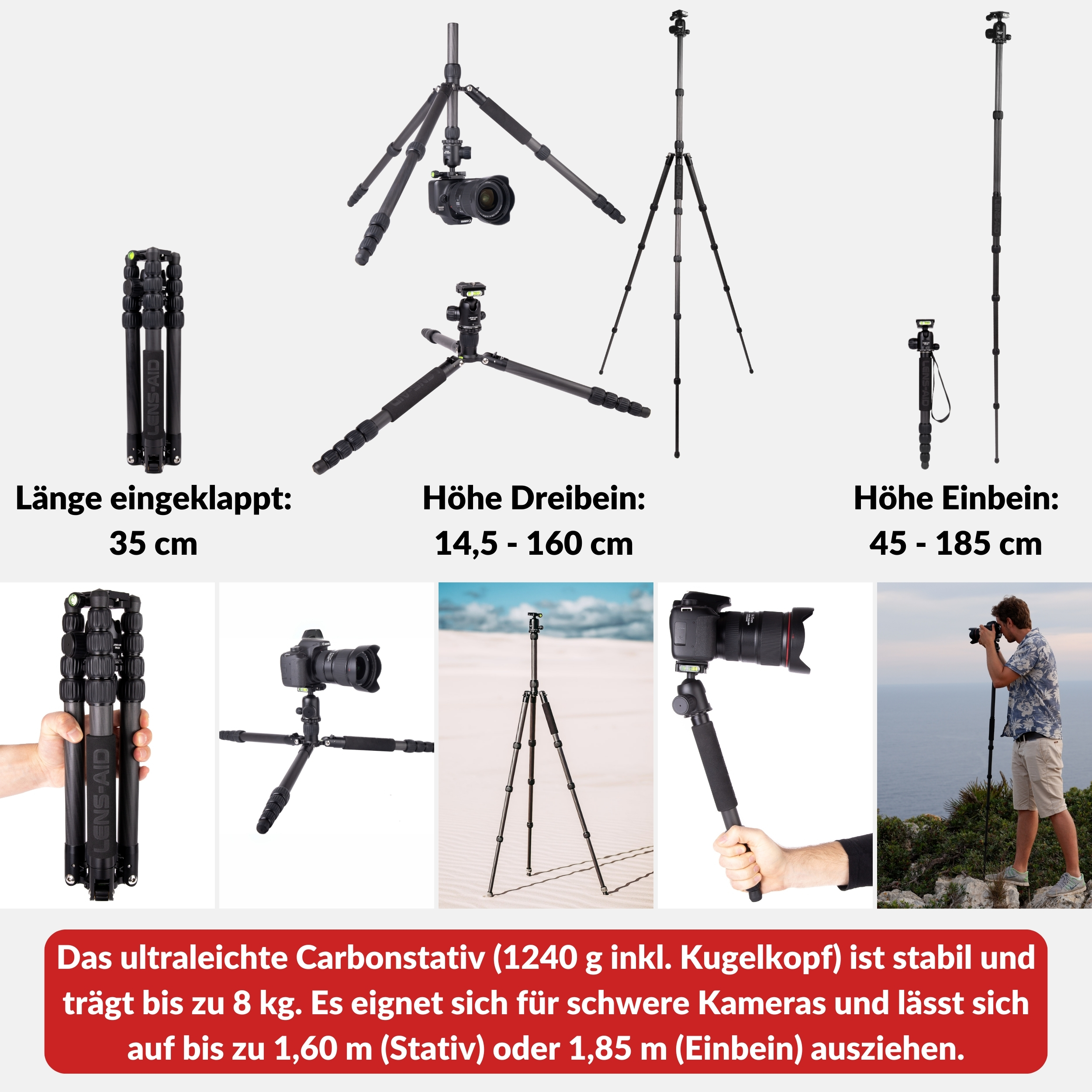 Bilder, die das LENS-AID-Stativ in verschiedenen Konfigurationen und Anwendungen zeigen: gefaltet, ausgefahren, mit Kamera und eine Person, die es benutzt.