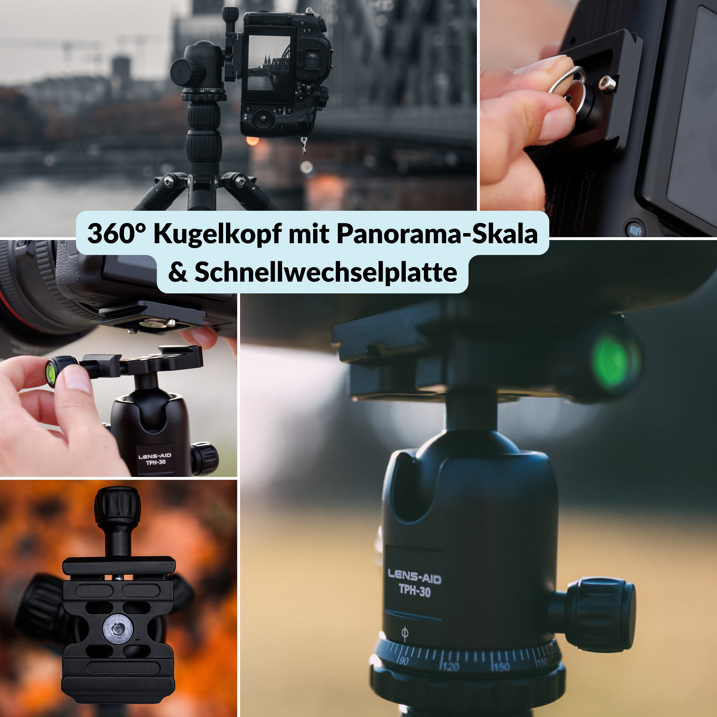 Nahaufnahmen der LENS-AID-Stativkomponenten: Kugelkopf, Kamera befestigt und Schnellwechselplatte. Das Markenlogo ist sichtbar.