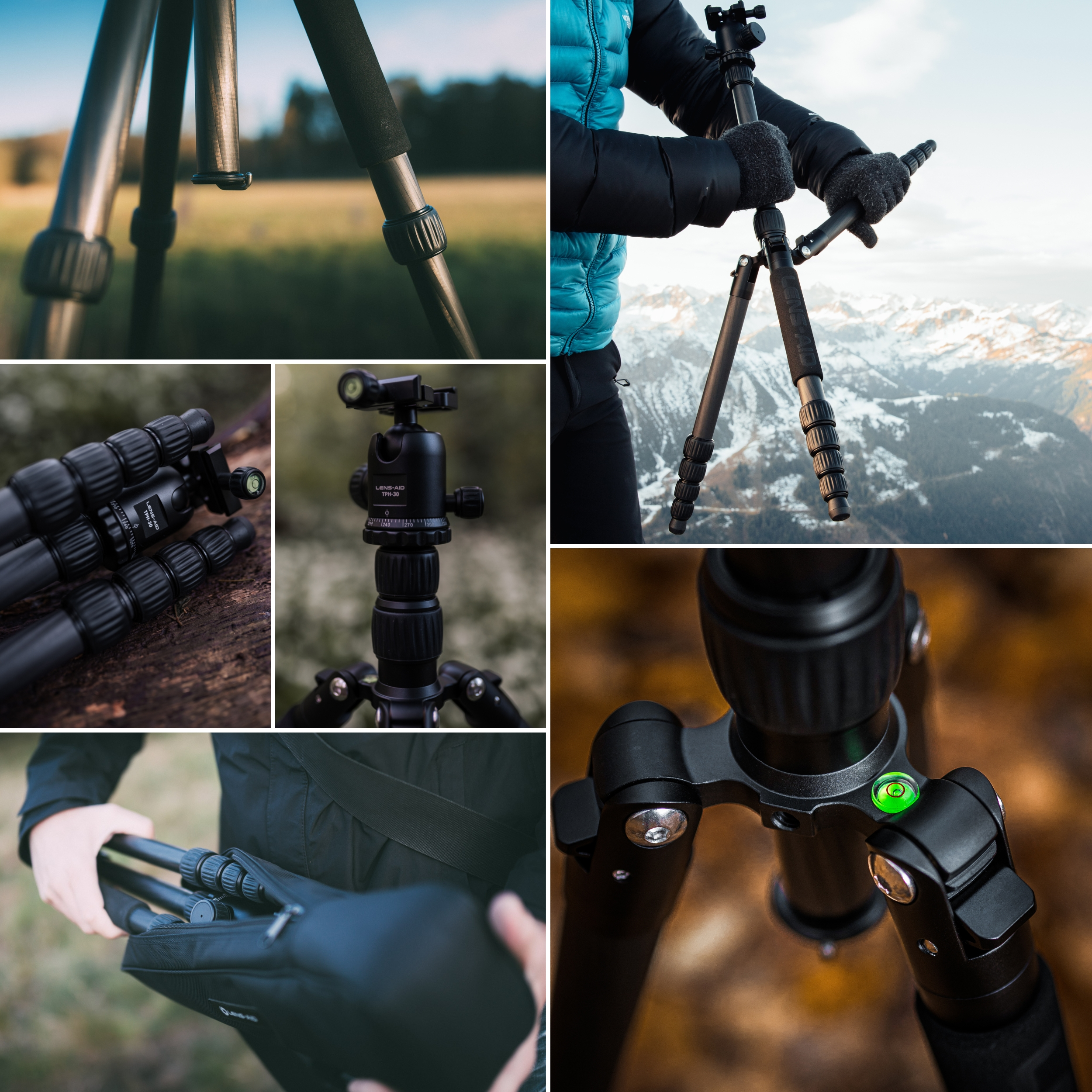Collage von Bildern, die ein schwarzes LENS-AID-Stativ in verschiedenen Umgebungen zeigen: im Freien, mit Bergen und Nahaufnahmen des Stativs.