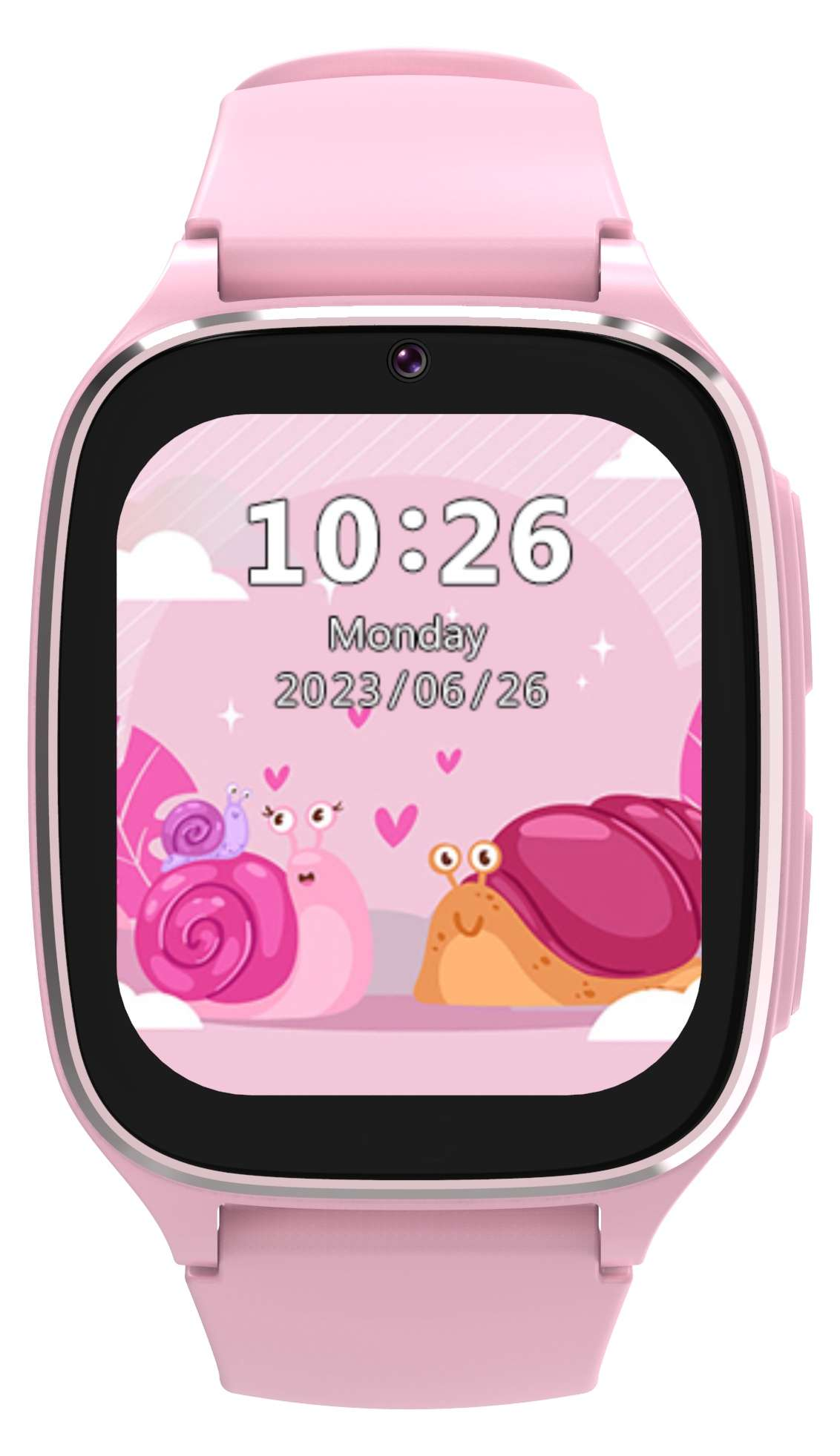 Różowy smartwatch wyświetlający godzinę i ślimaki. Pokazuje datę i ma różowy pasek.