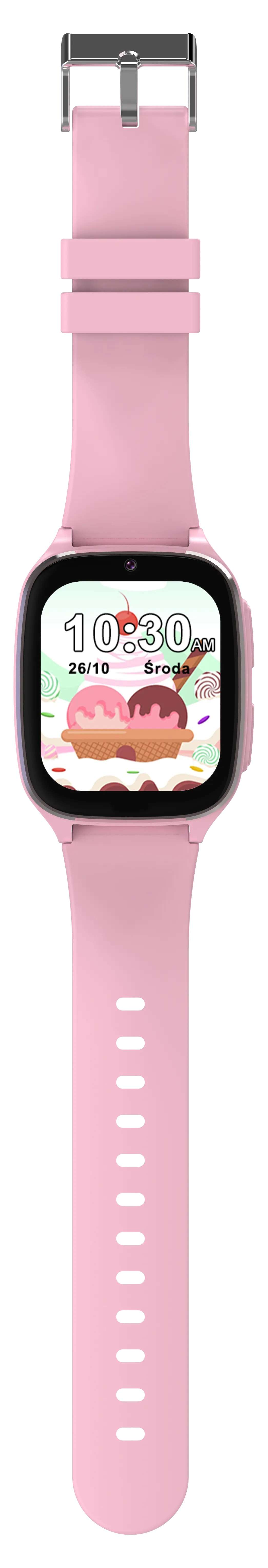 Różowy smartwatch pokazujący godzinę i lody. Ma różowy pasek i jest prosty i pionowy.
