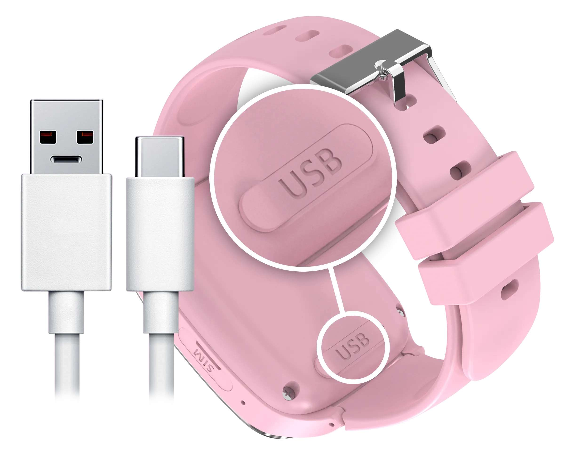 Różowy smartwatch z ładowarką USB. Zbliżenie pokazuje port USB. Białe kable USB i USB-C po lewej.