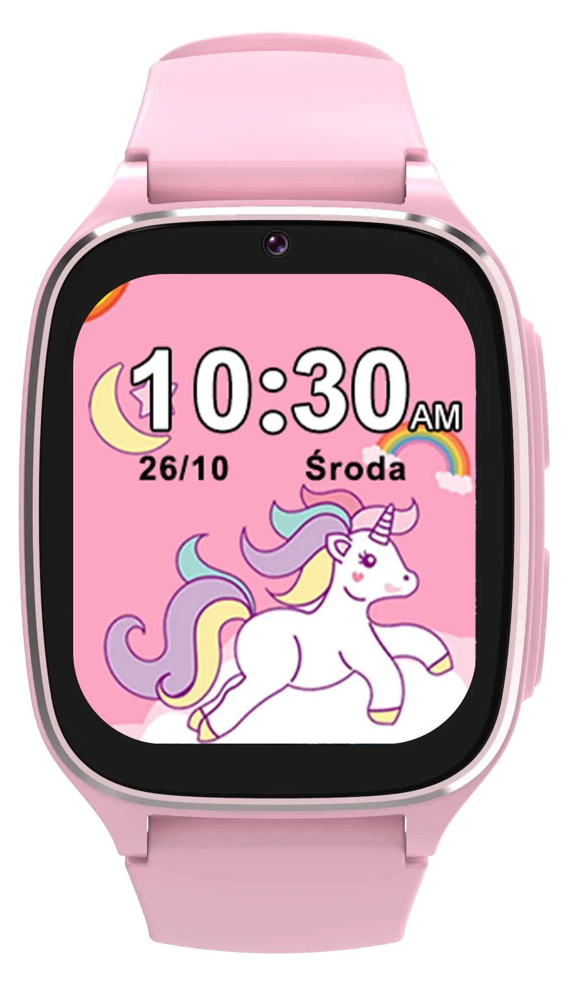 Różowy smartwatch z jednorożcem na ekranie. Wyświetla godzinę i datę.