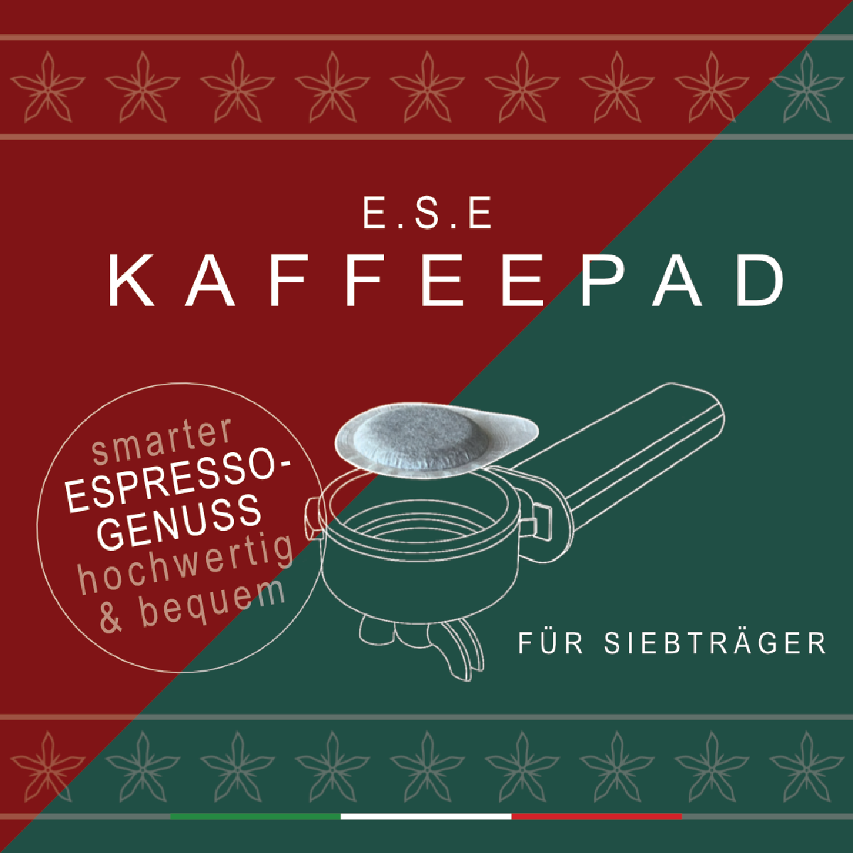 Kapsułka do kawy z częściami ekspresu, czerwono-zielona obwódka, tekst po niemiecku.
