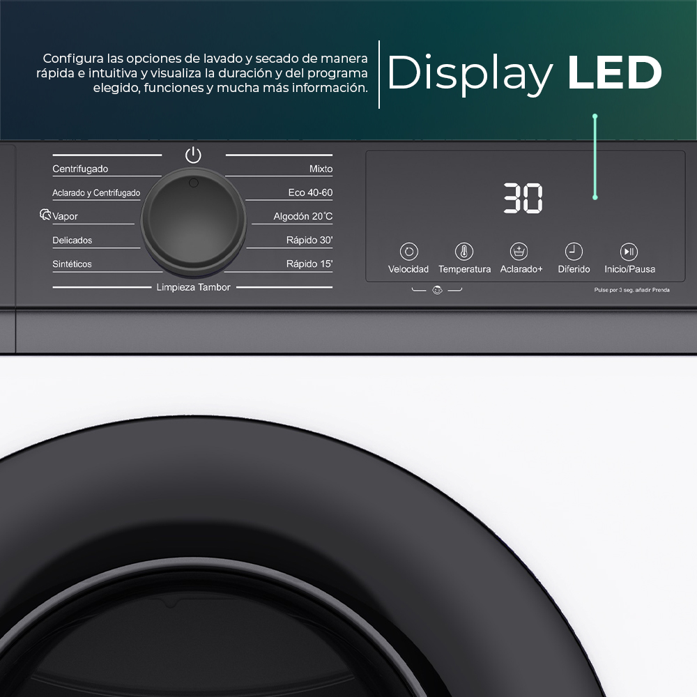 Primer plano del panel de control de la lavadora. Negro con pantalla digital y botones.