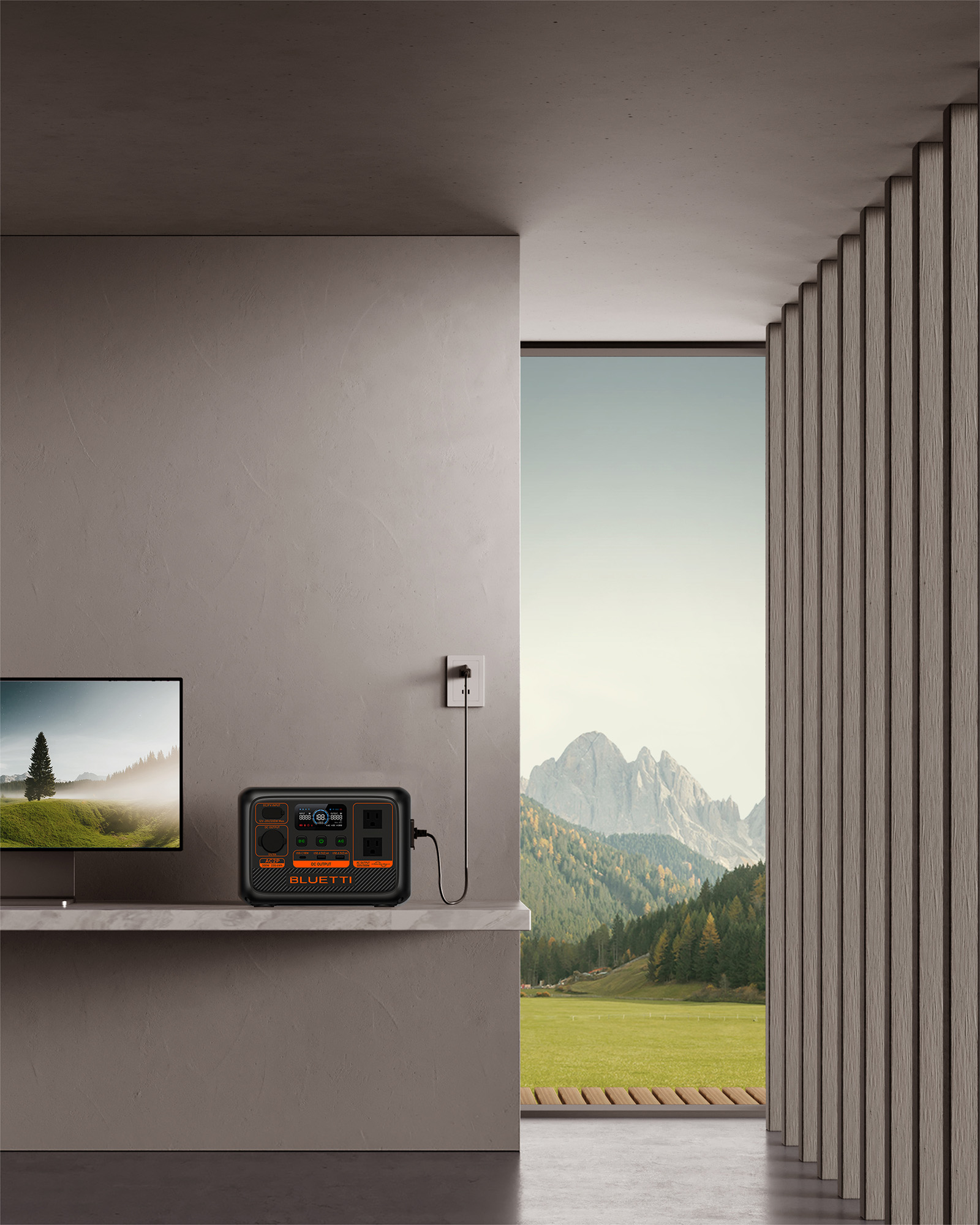 Moderne Innenszene mit Ladestation, Fernseher, Fenster und Bergblick.