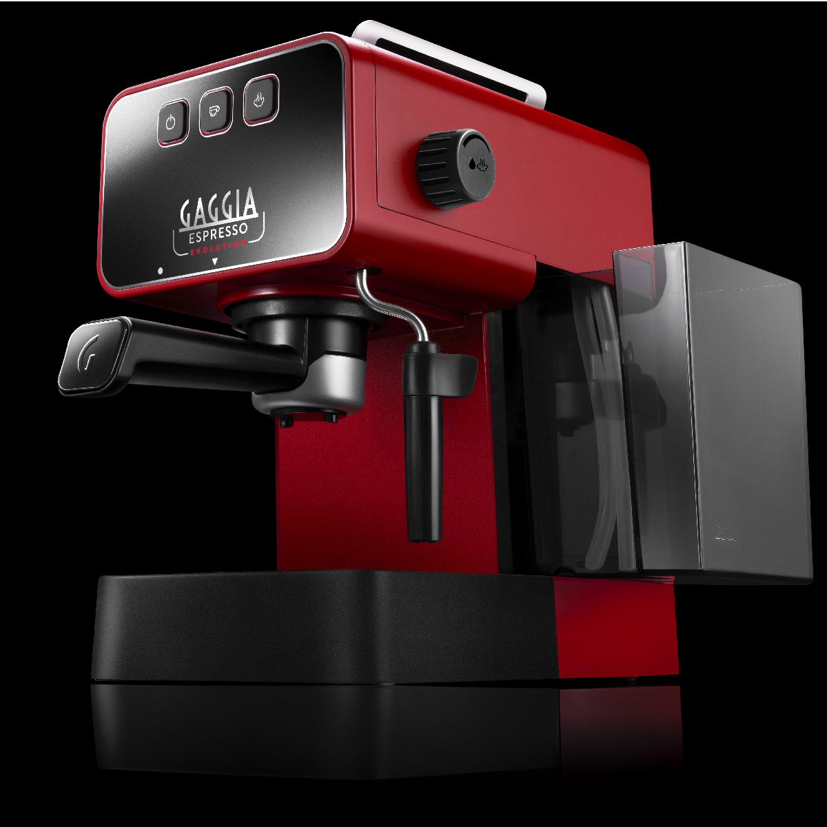 Czerwony ekspres do kawy Gaggia z czarnymi akcentami, zbiornikiem na wodę i chromowanym uchwytem filtra, na czarnej powierzchni.