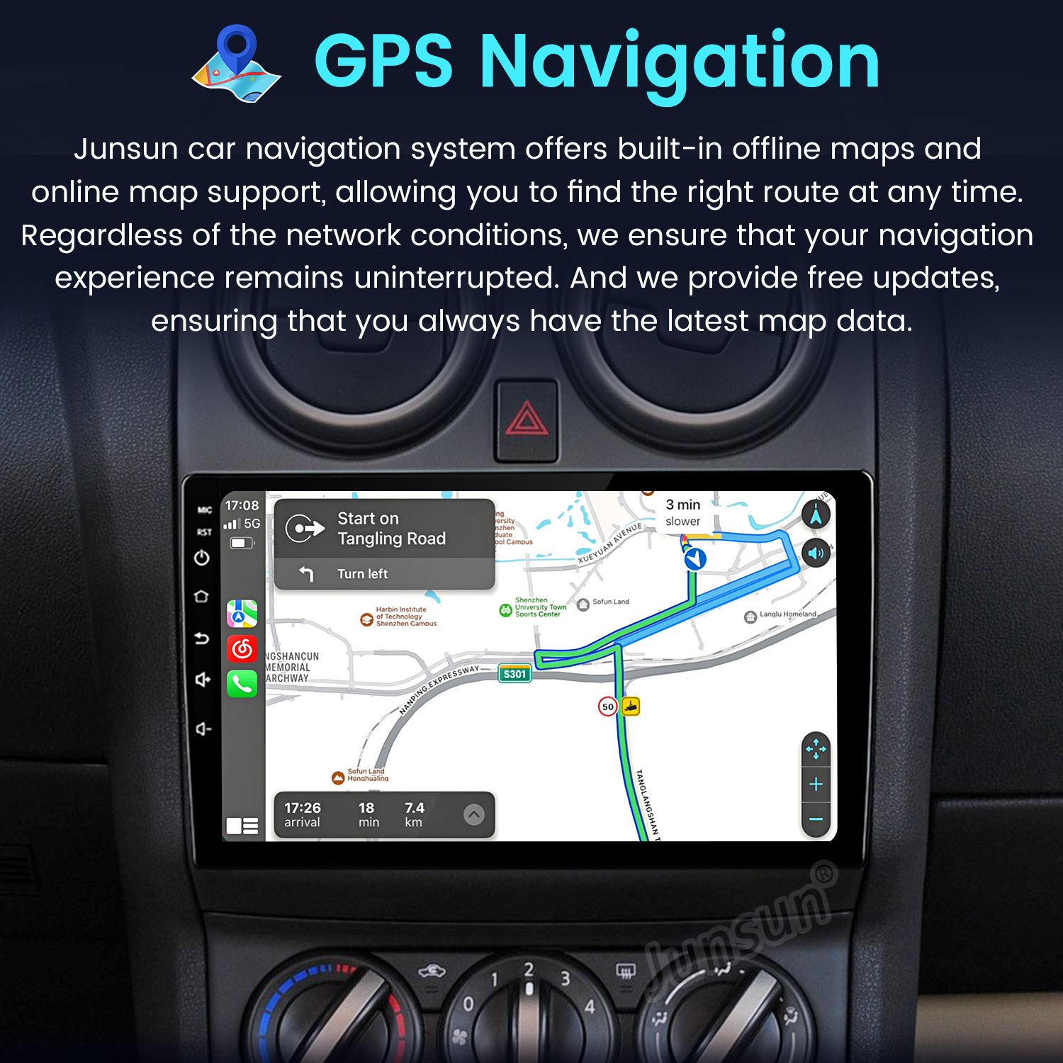 Panel de control del coche con pantalla de navegación GPS. Muestra un mapa e instrucciones de navegación en el interior del coche.