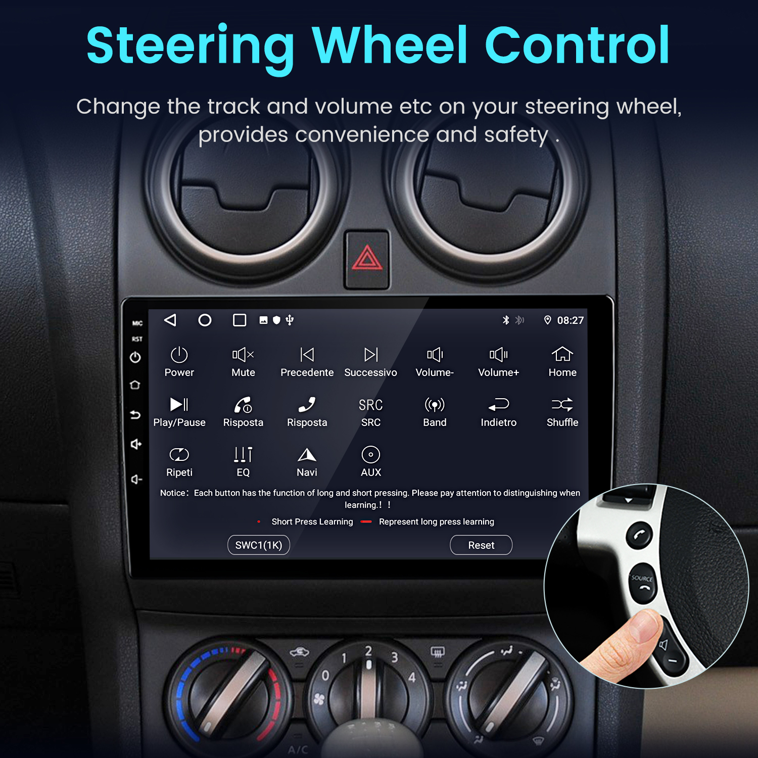 Panel de control del coche con pantalla que muestra las opciones de control del volante. Incluye iconos de botones y funciones.