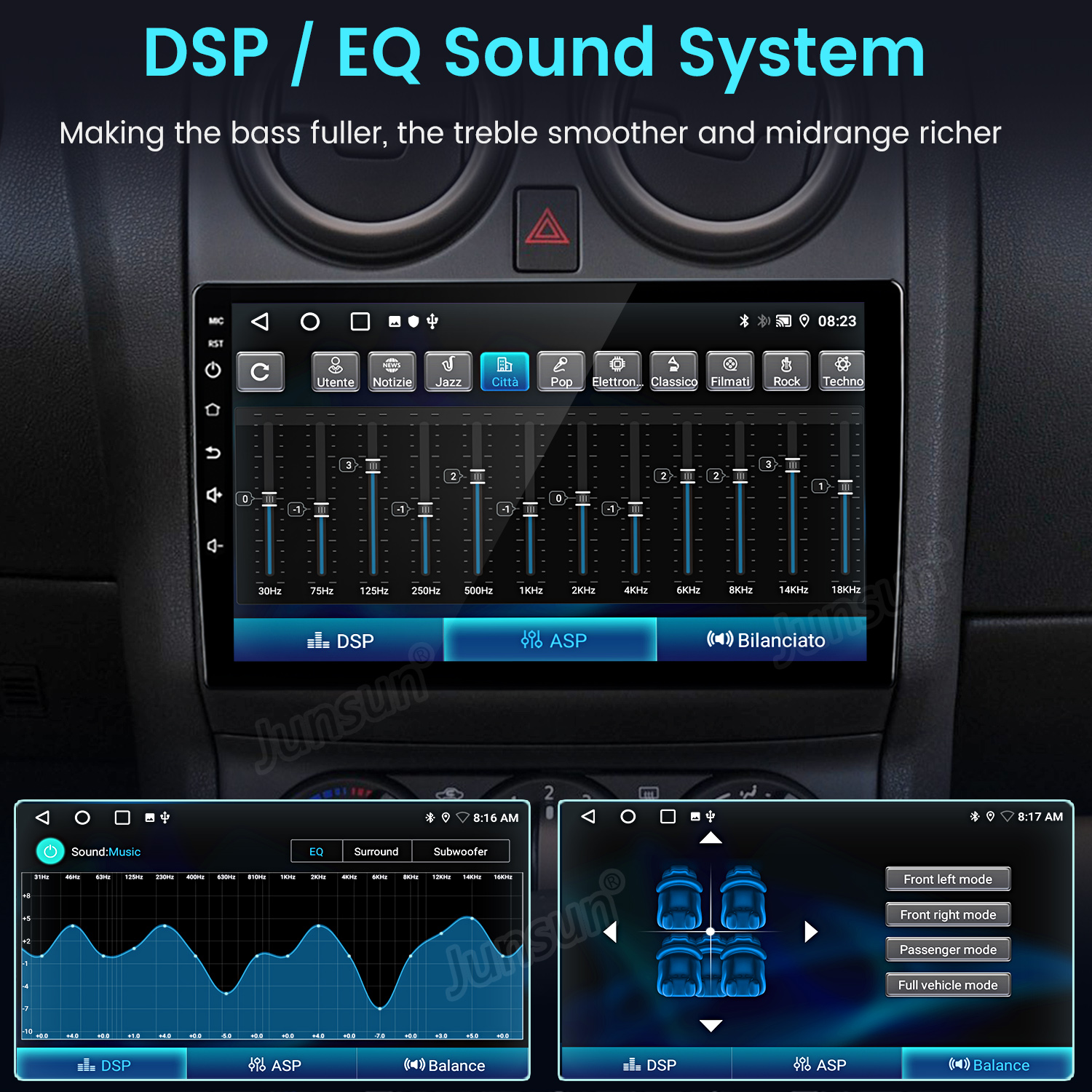 Pantalla multimedia de coche que muestra ecualizador, DSP y configuraciones de sonido.