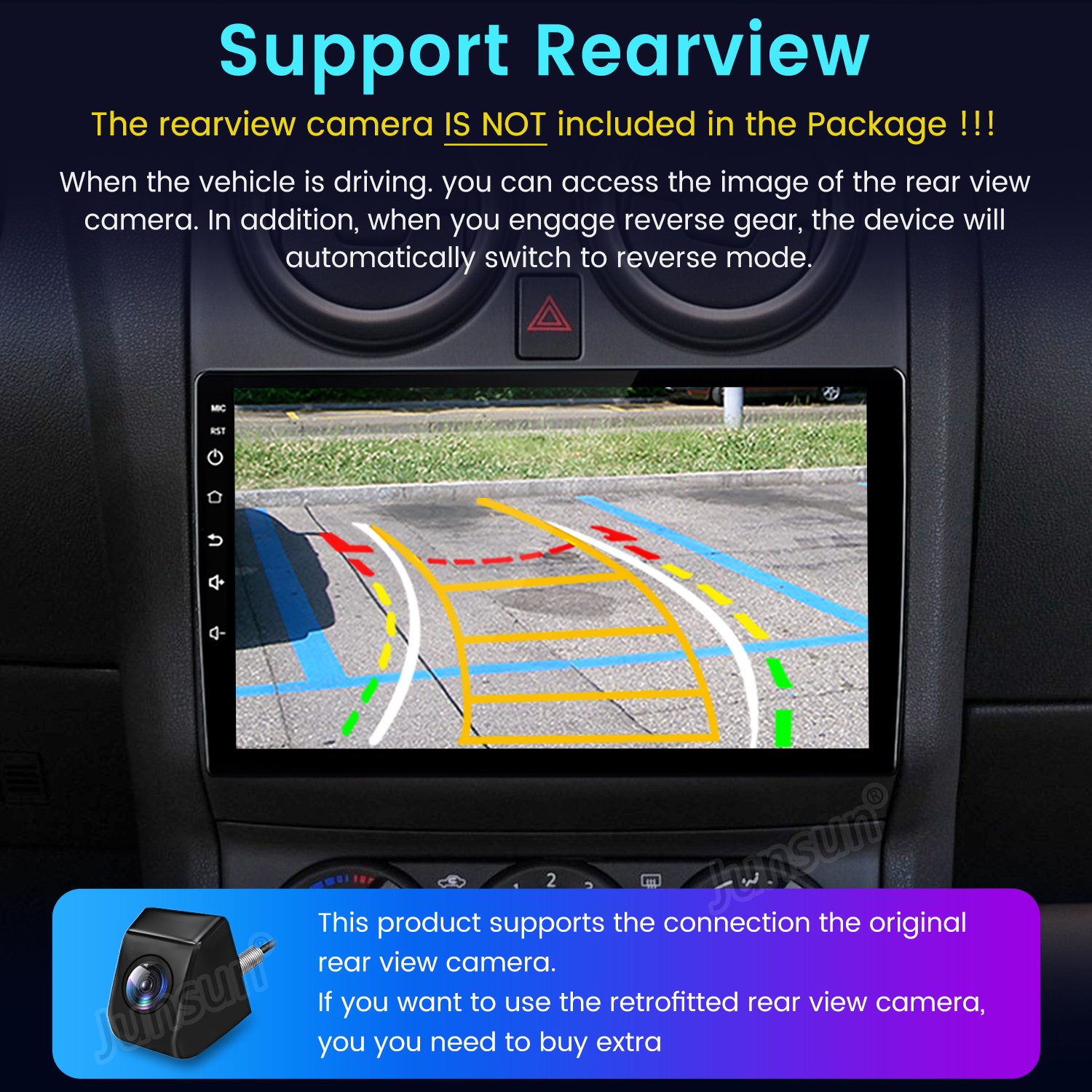 Panel de control del coche con pantalla que muestra la vista de la cámara de visión trasera. Incluye texto sobre el soporte de la cámara.