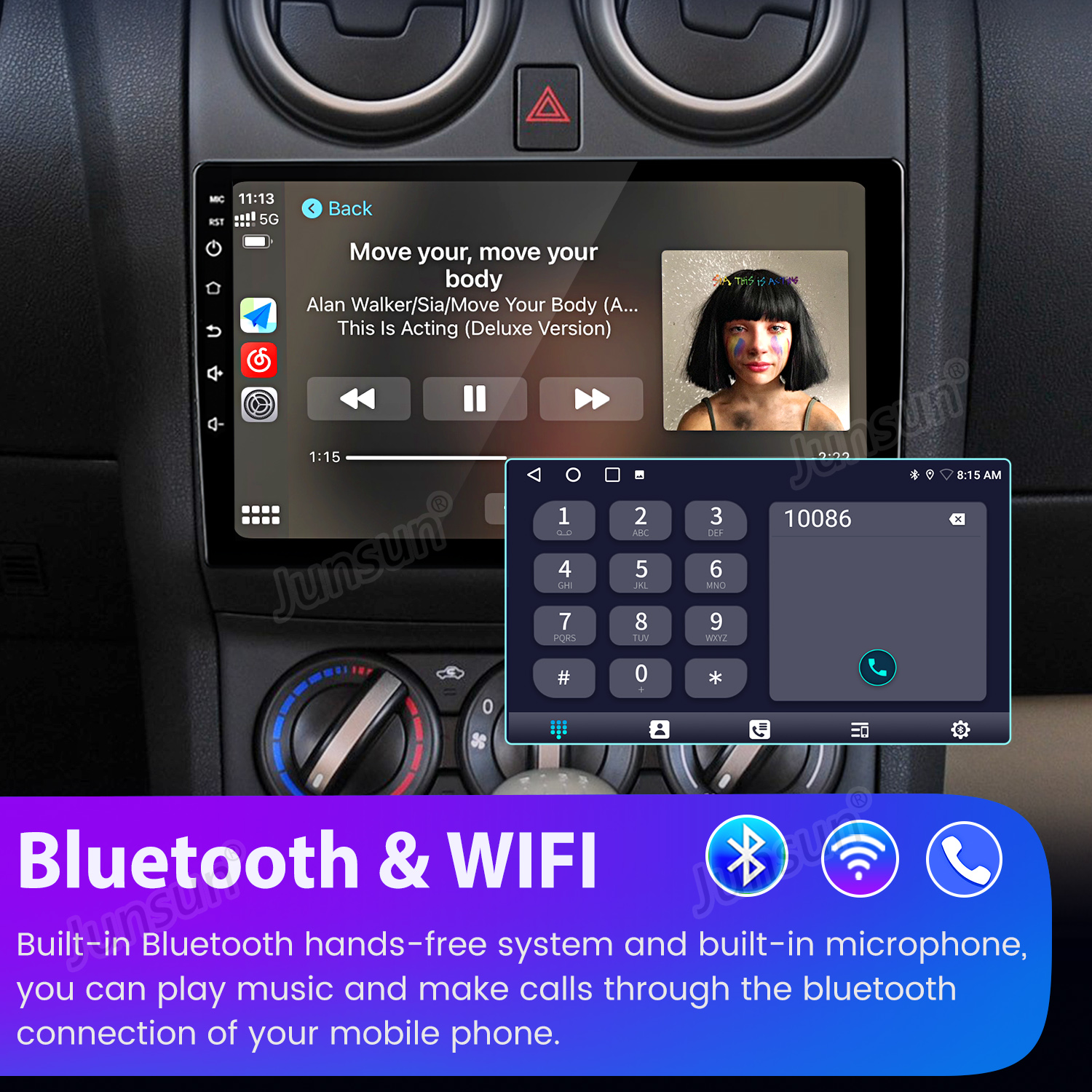 Panel de control del coche que muestra la interfaz del reproductor de música y la pantalla de llamadas. Incluye texto e iconos de Bluetooth y Wi-Fi.
