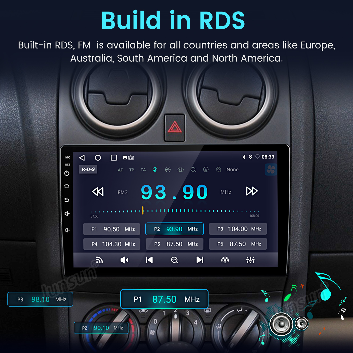 Panel de control del coche con una pantalla de radio que muestra información de radio FM. Incluye presintonías y frecuencia.