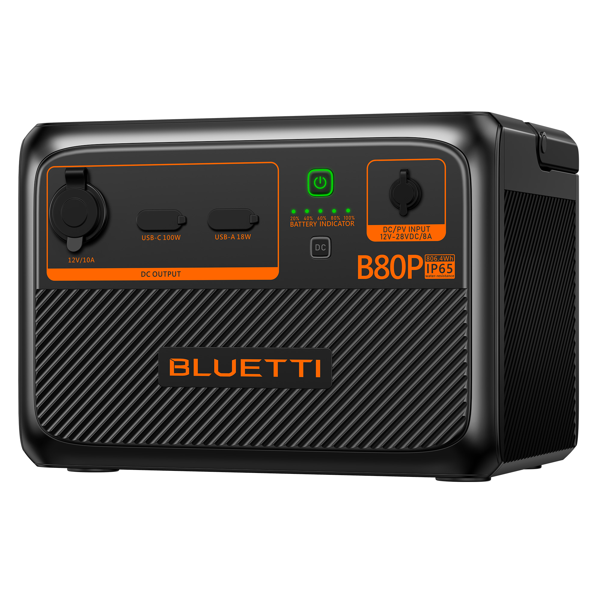 Stazione di alimentazione nera con display che mostra i livelli della batteria, e porte di ingresso e uscita CC/FV.