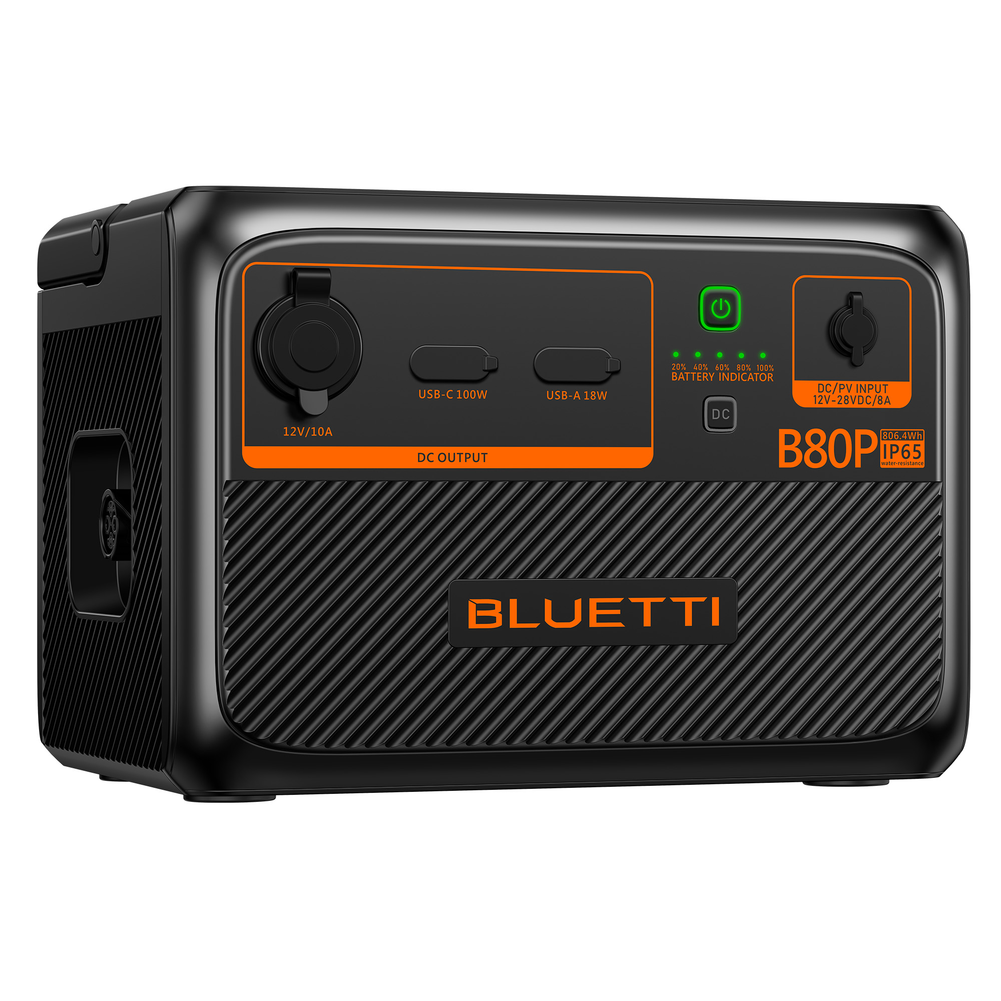 Stazione di alimentazione nera con display che mostra i livelli della batteria, e porte di ingresso e uscita CC/FV.