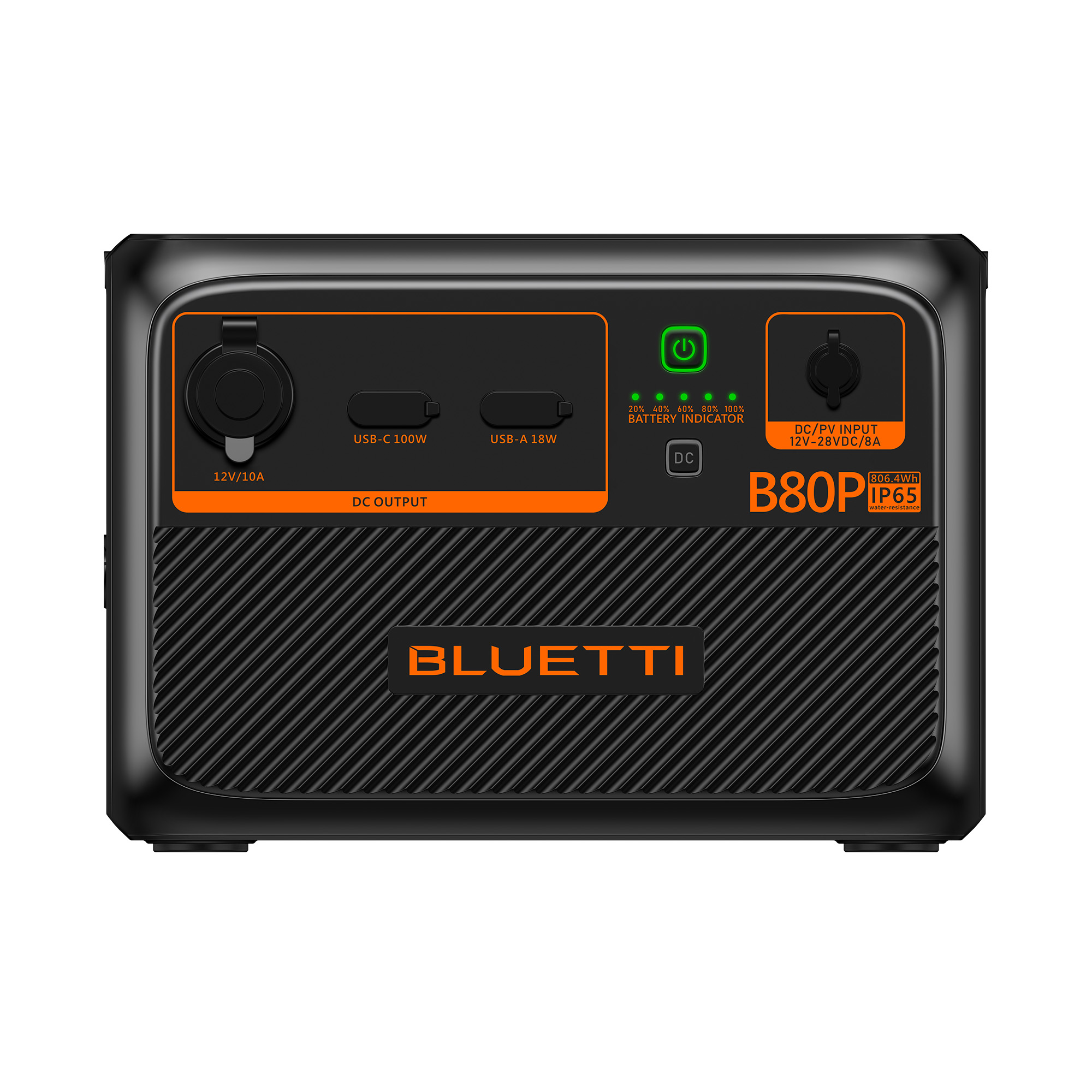 Stazione di alimentazione nera con display che mostra i livelli della batteria, e porte di ingresso e uscita CC/FV.