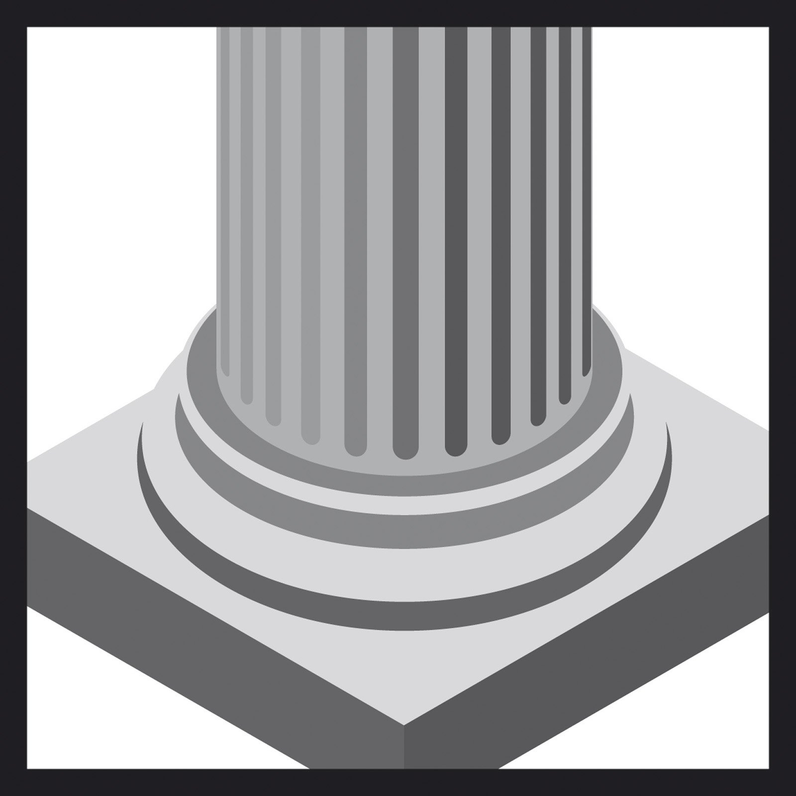 Eine graue, geriffelte Säule auf einem quadratischen Sockel wird gezeigt. Der Sockel hat zwei kreisförmige, abgestufte Ebenen.