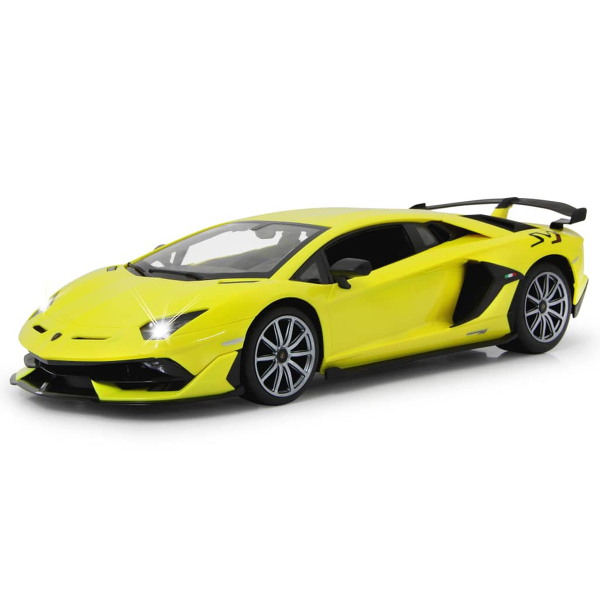 Coche de juguete Lamborghini amarillo con luces sobre fondo blanco. El coche tiene detalles negros.
