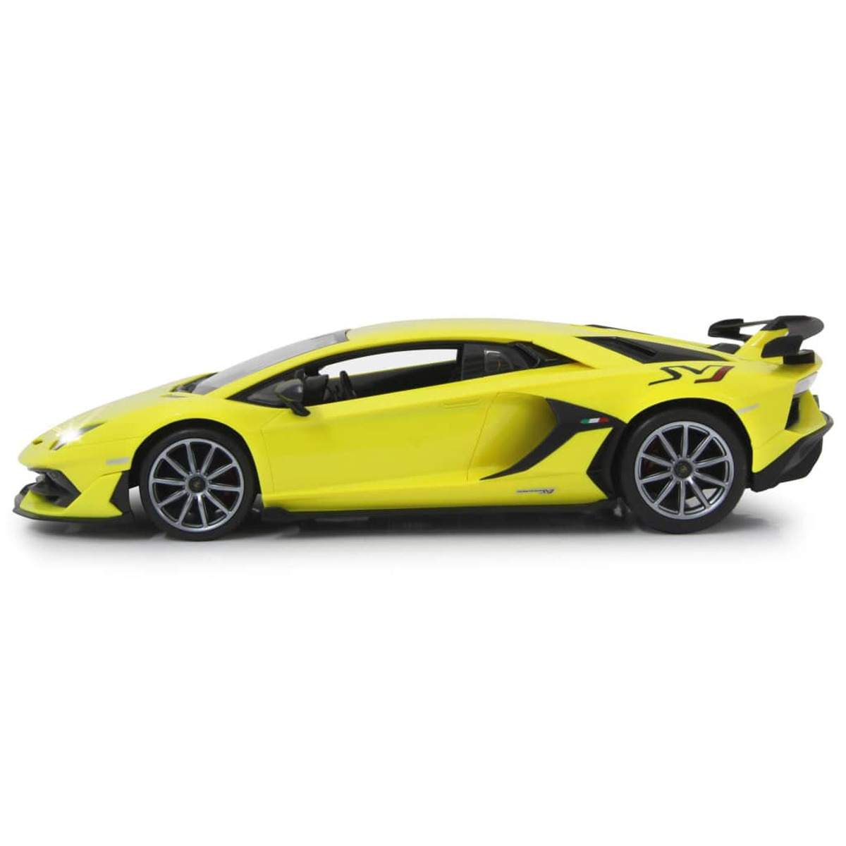 Vista lateral de un coche de juguete Lamborghini amarillo sobre fondo blanco. Tiene detalles negros.