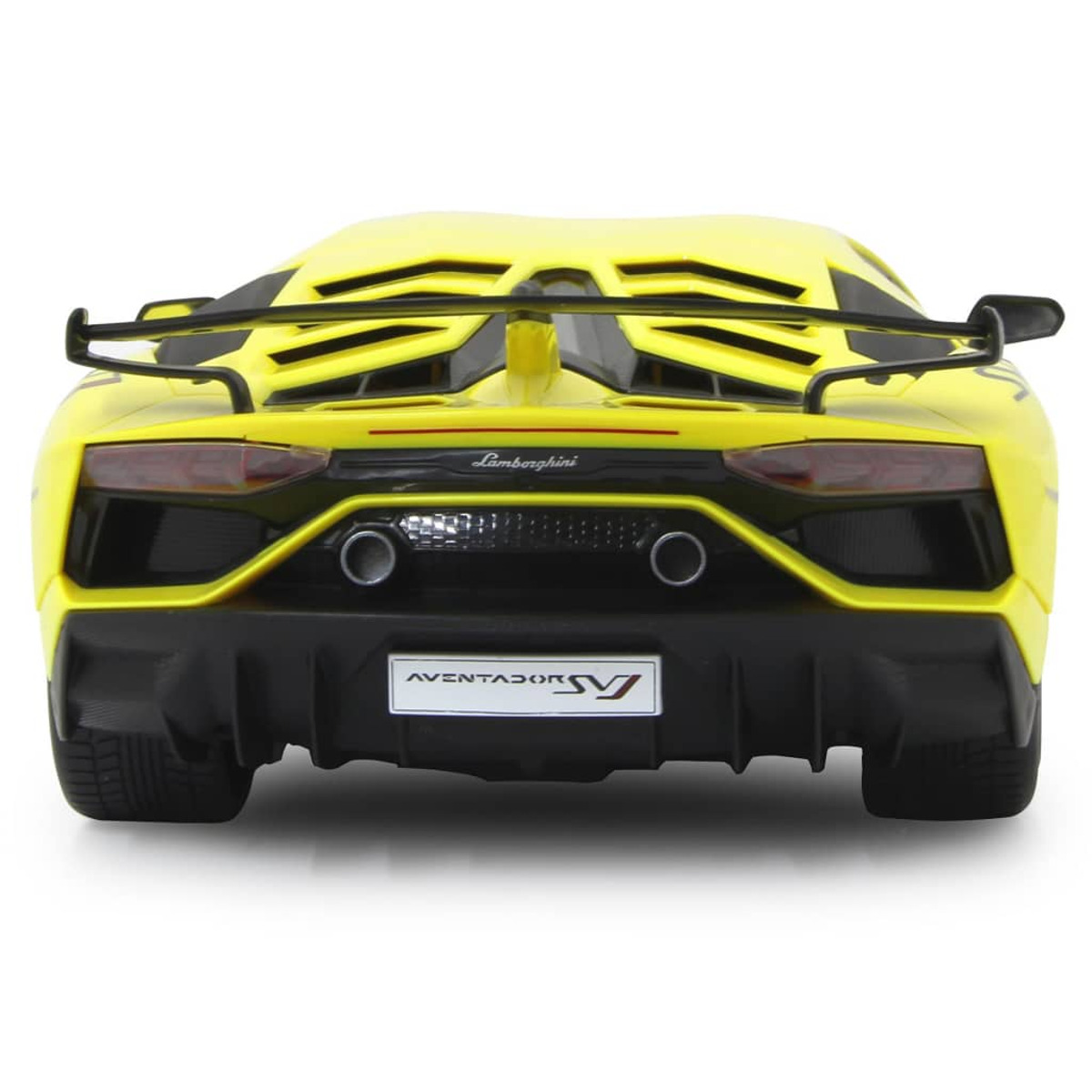 Vista trasera de un coche de juguete Lamborghini amarillo, con detalles negros y placa AVENTADOR SV.