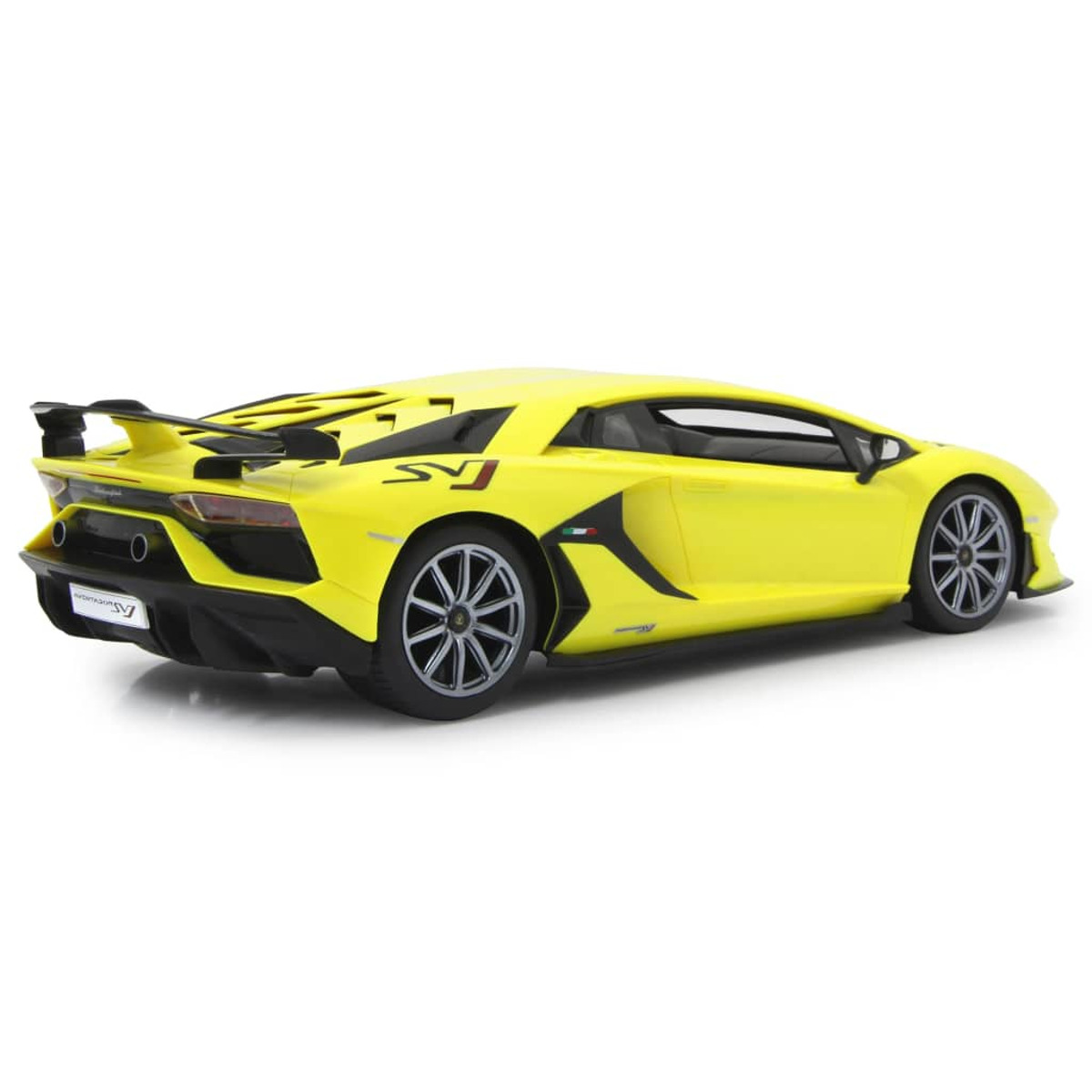 Coche deportivo Lamborghini amarillo, vista trasera. Detalles negros, ruedas grises y alerón negro.